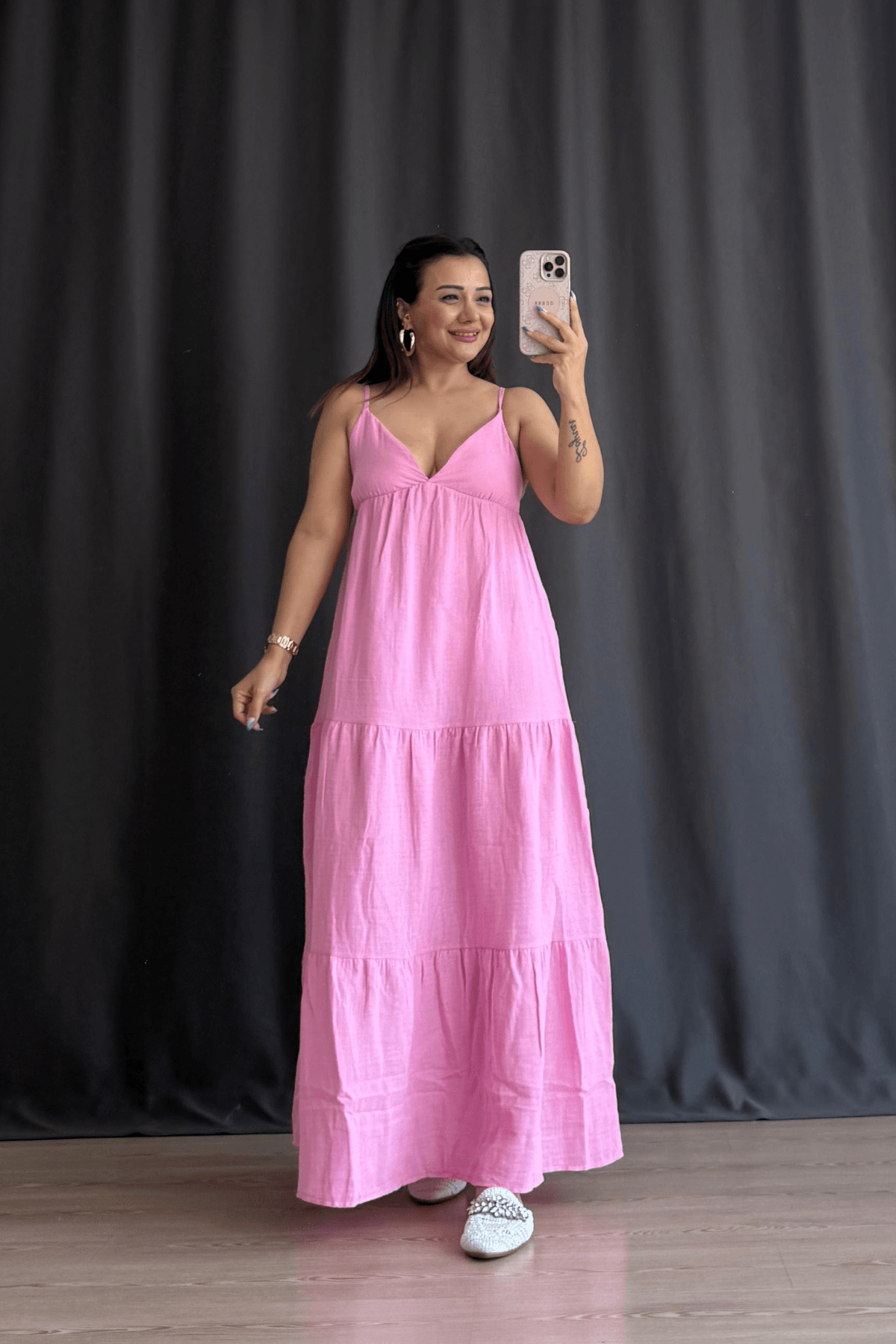 Kaylee Müslin Elbise - PEMBE