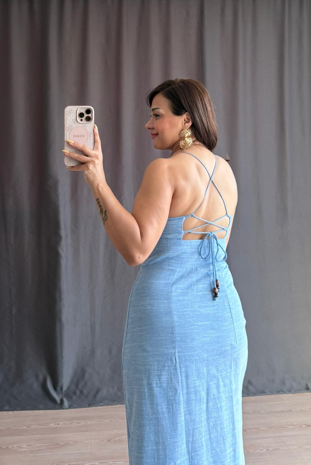 Olive Yırtmaç Detaylı Elbise
