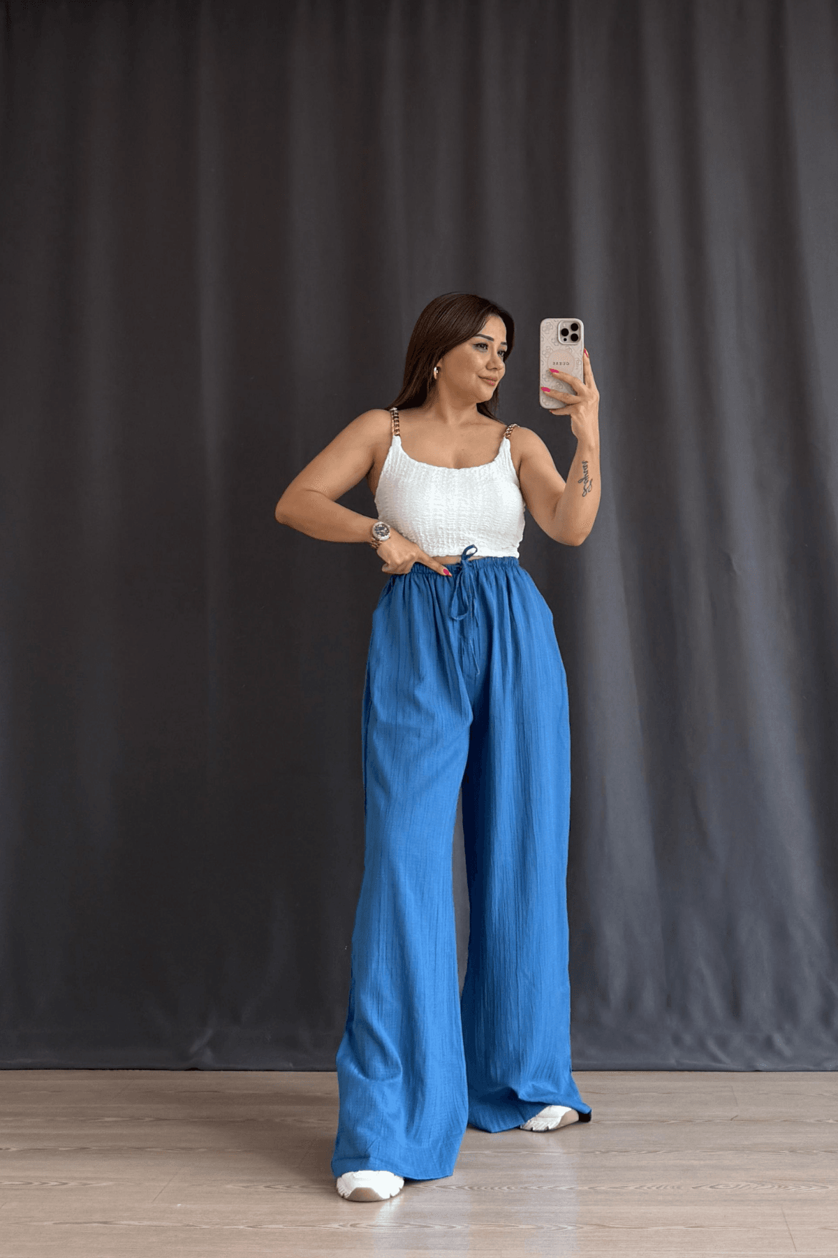 Linen Palazzo Pantolon  - MAVİ
