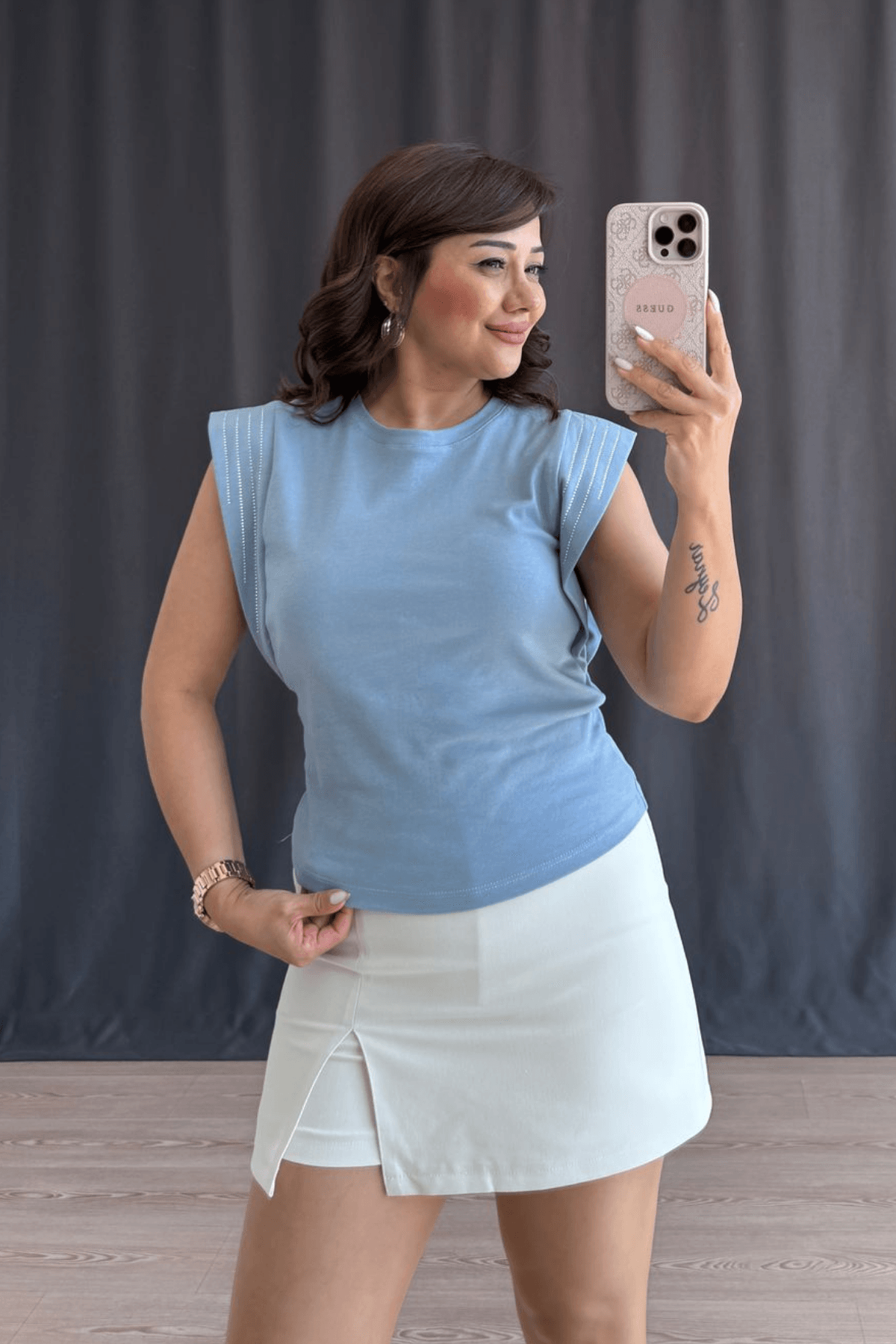 Lumira Taş Detaylı Bluz - MAVİ