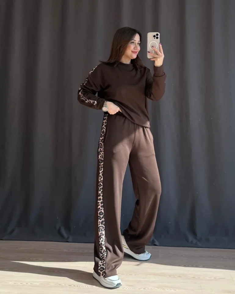 Leopar Şeritli Takım Kahverengi