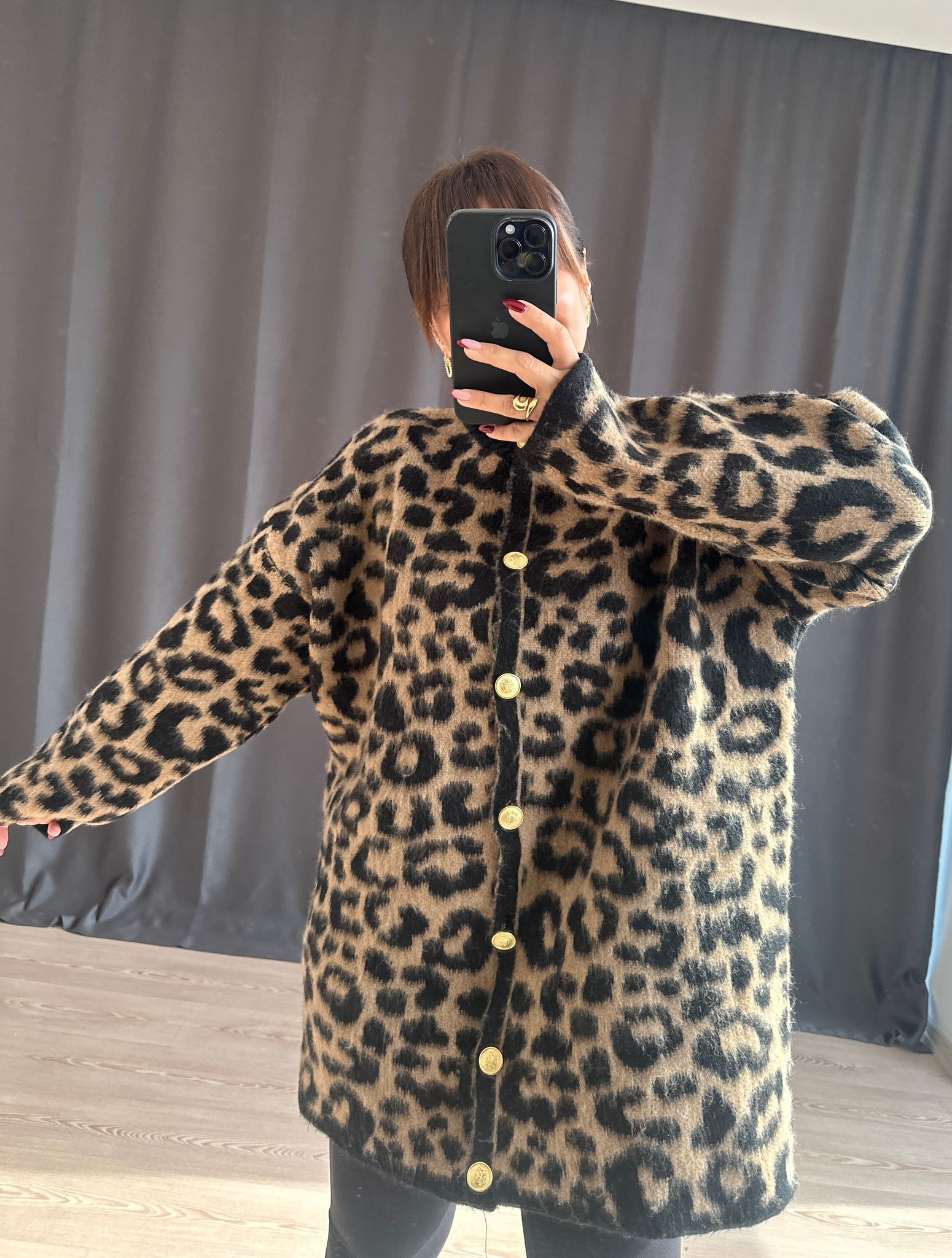 LEOPAR DESENLİ OVERSİZE HIRKA • KAHVE 