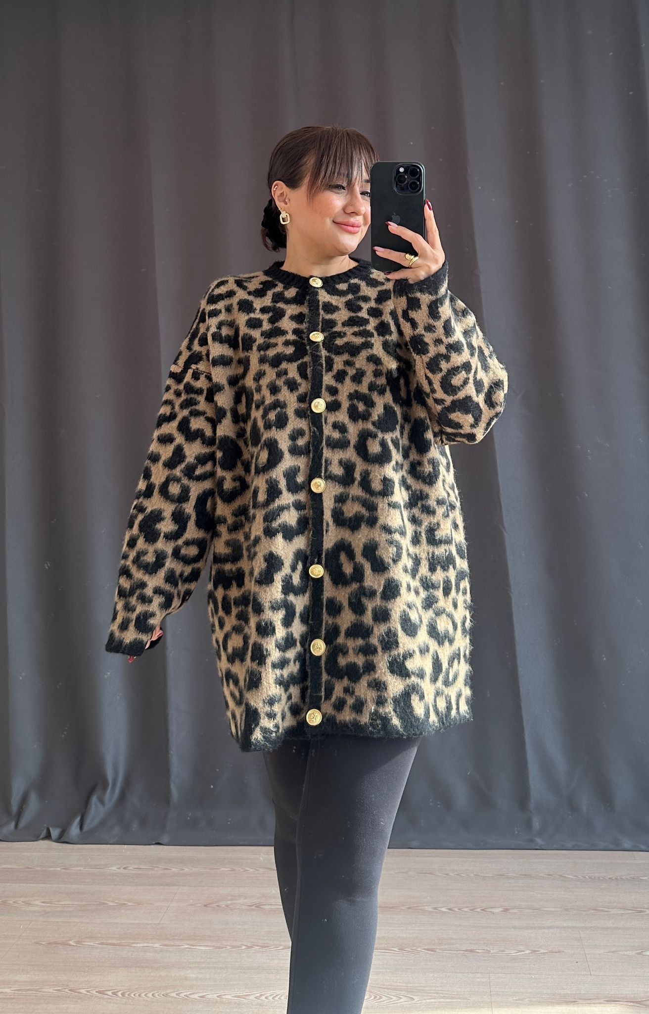 LEOPAR DESENLİ OVERSİZE HIRKA • KAHVE 