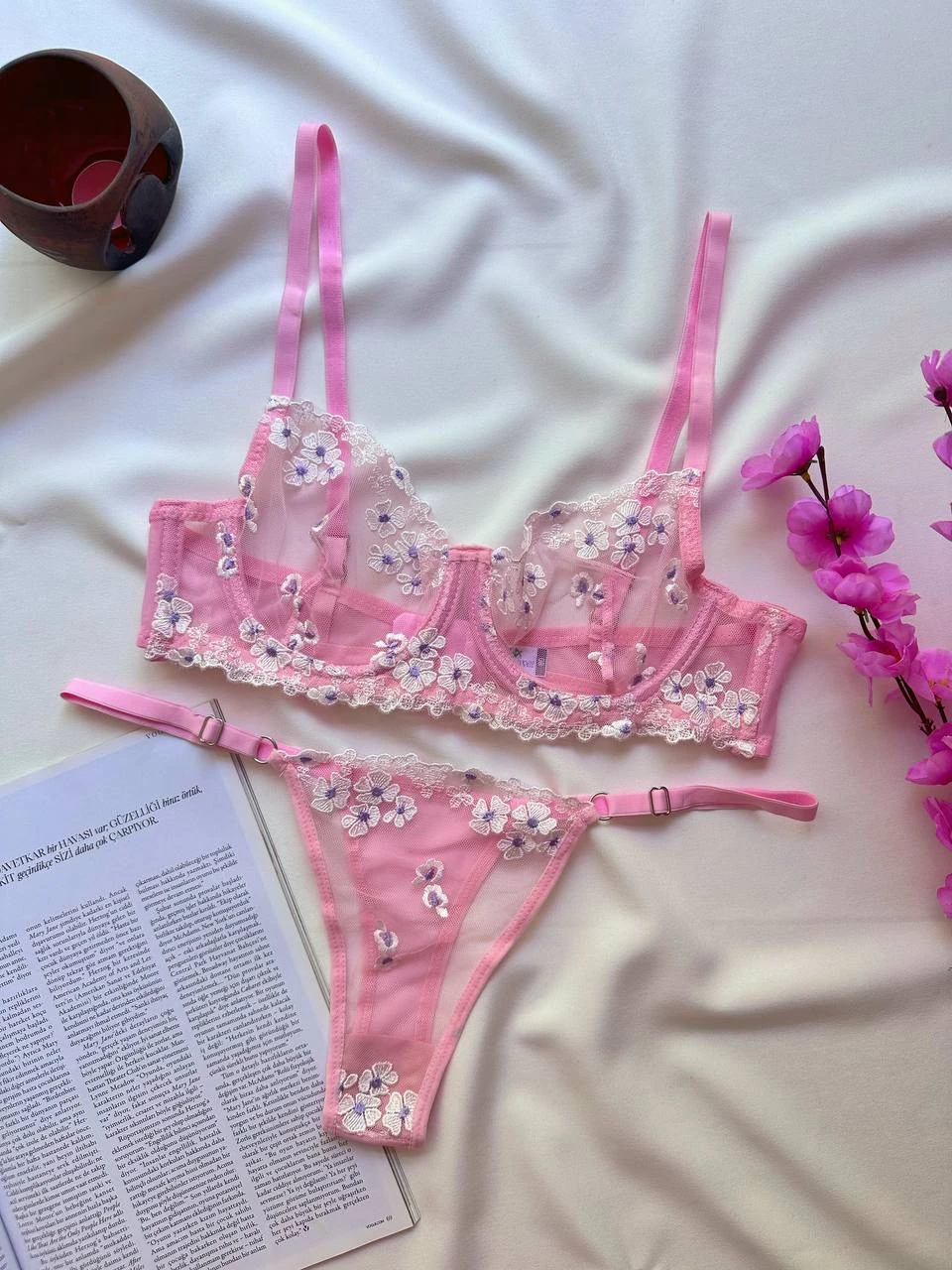 Pembe Papatya Desenli Takım