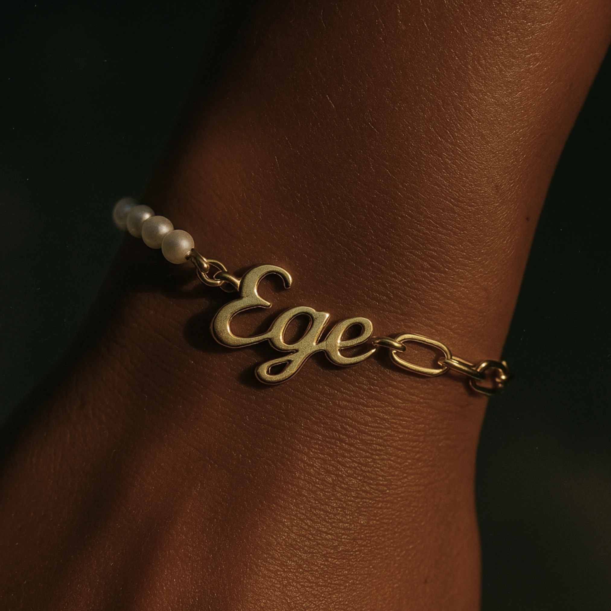 GÜMÜŞ BİLEKLİK - Yarı inci yarı zincir isim bileklik