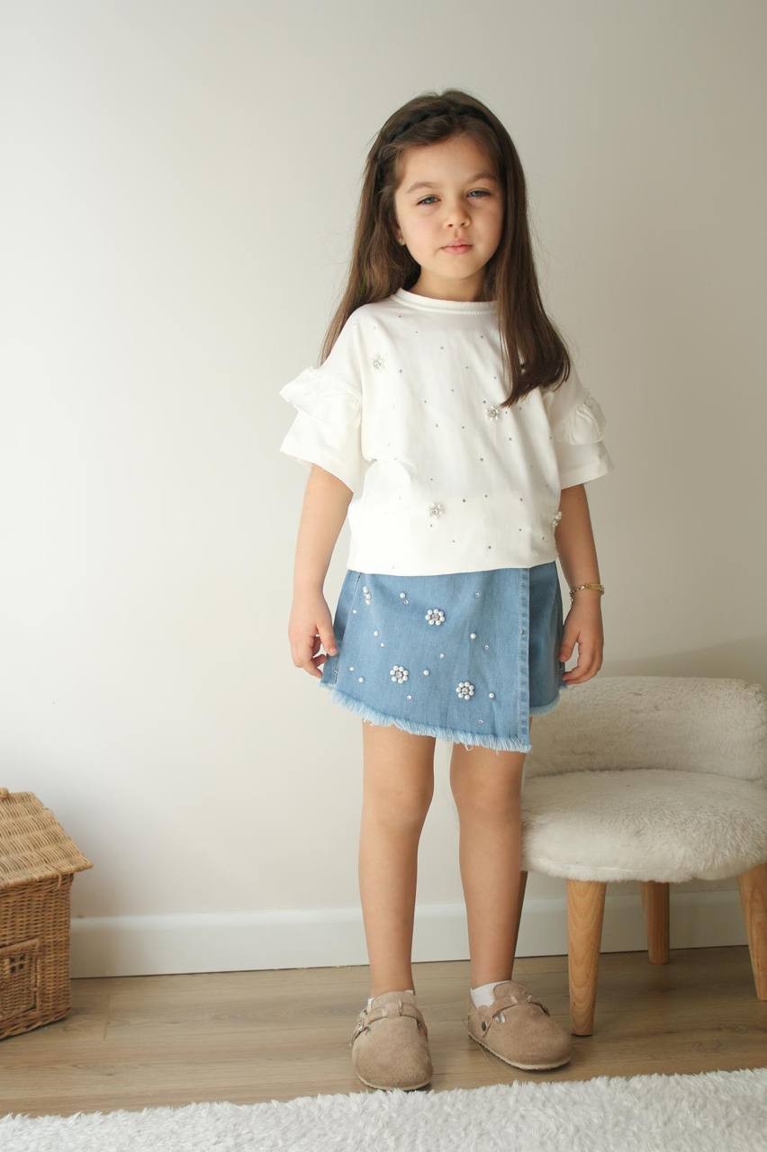Çiçek Desenli Denim Takım