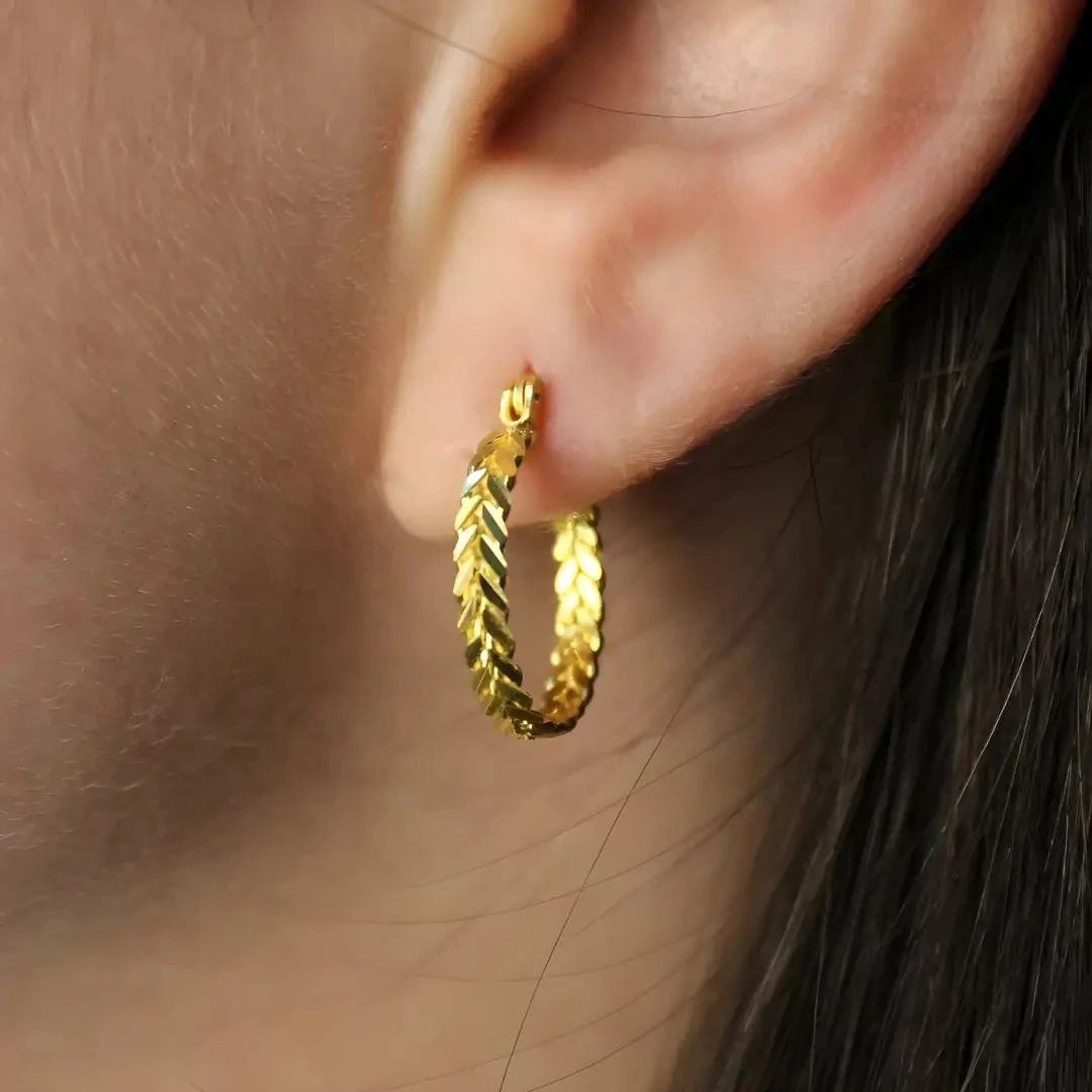 14 Ayar Altın Başak Desenli Halka Küpe