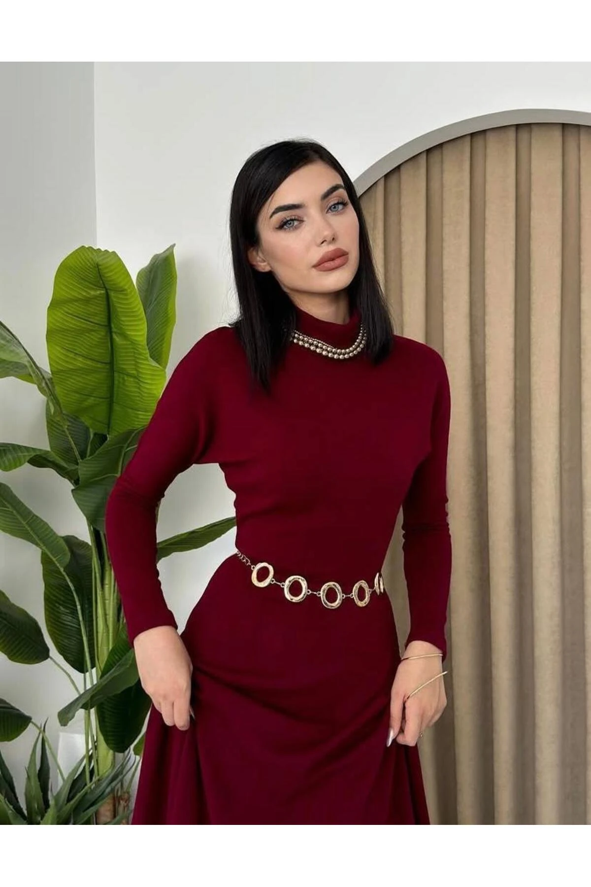 Yarım Balıkcı Yaka Triko Elbise Bordo