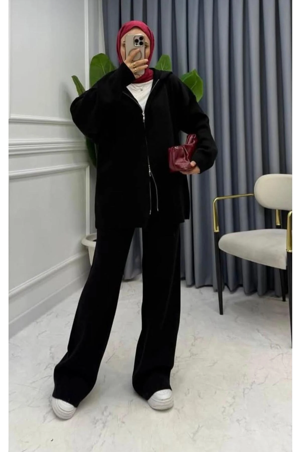 Çift Fermuarlı Kapşonlu Triko Pantolon Hırka Takım