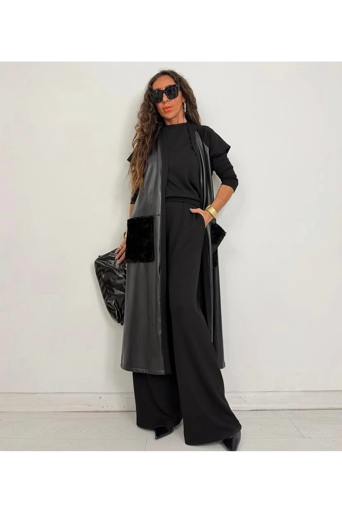 SİYAH YELEK BLUZ PANTOLON ÜÇLÜ TAKIM