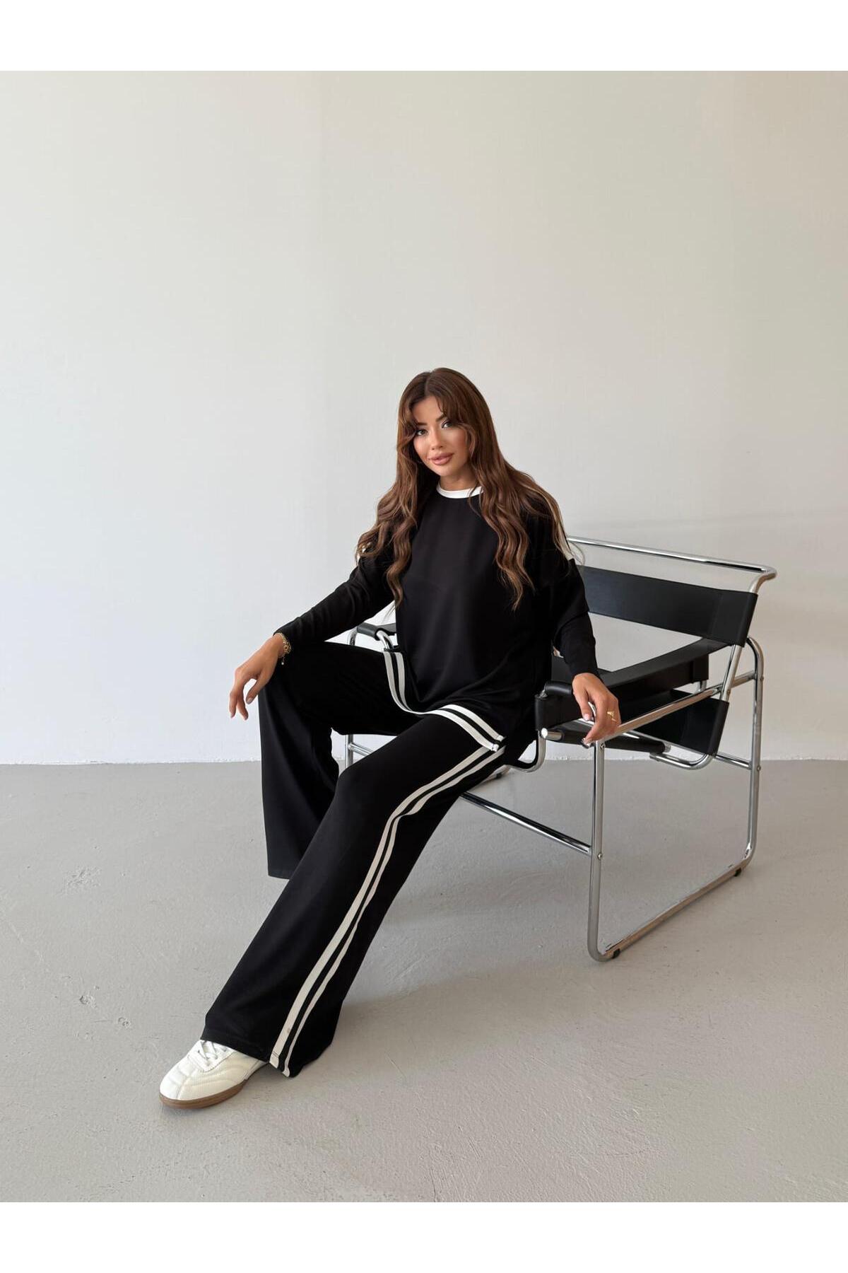 Şeritli Modal Takım Siyah