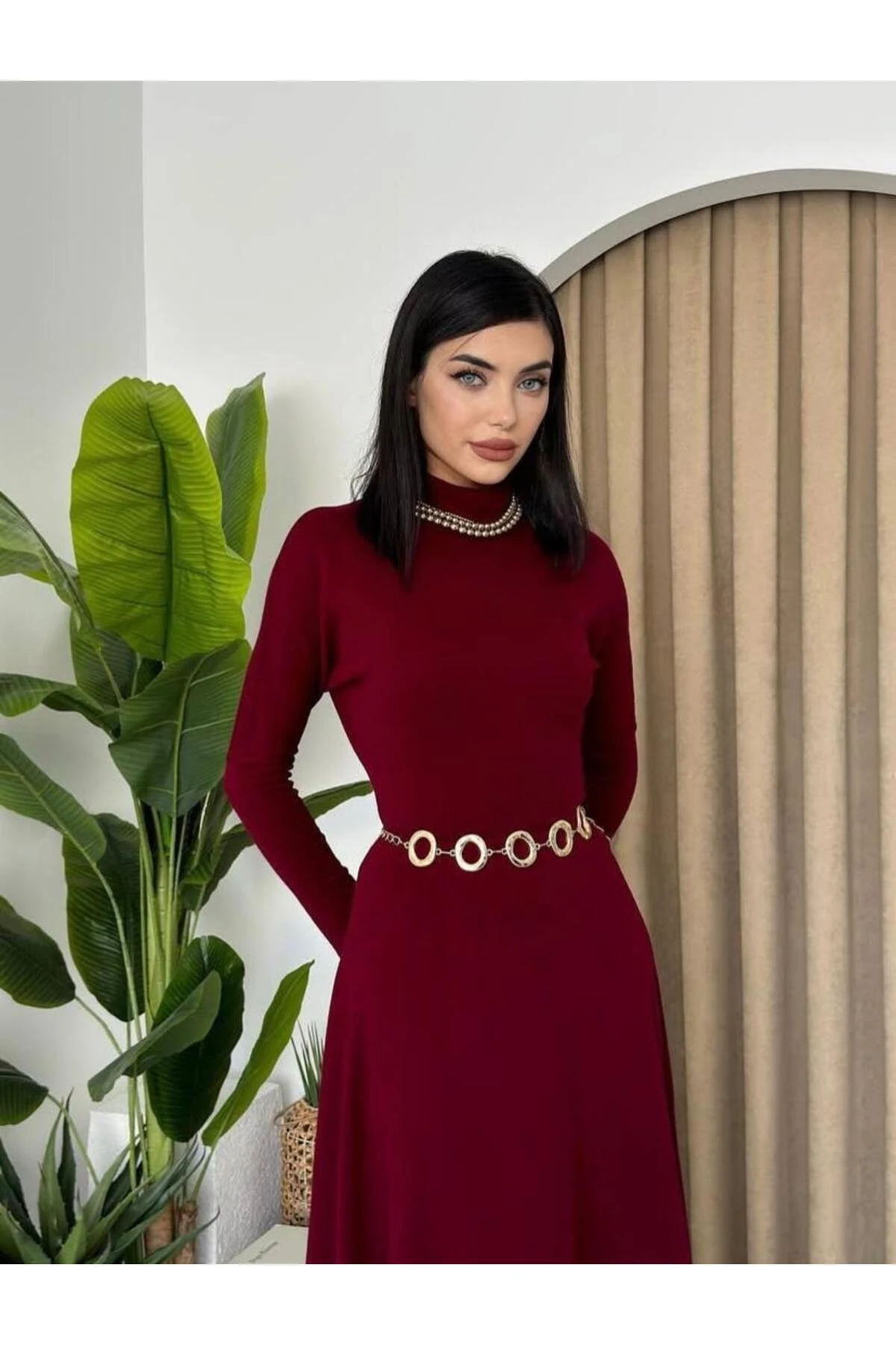 Yarım Balıkcı Yaka Triko Elbise Bordo