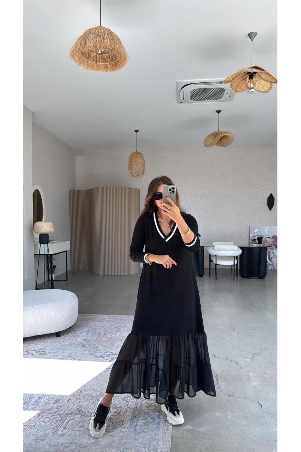 Siyah V Yaka Ribana Detaylı Eteği Şifon Elbise