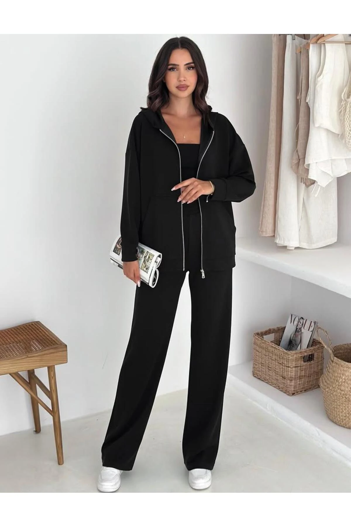 Siyah Modal Kapşunlu Fermuarlı Swet Pantolon Takım