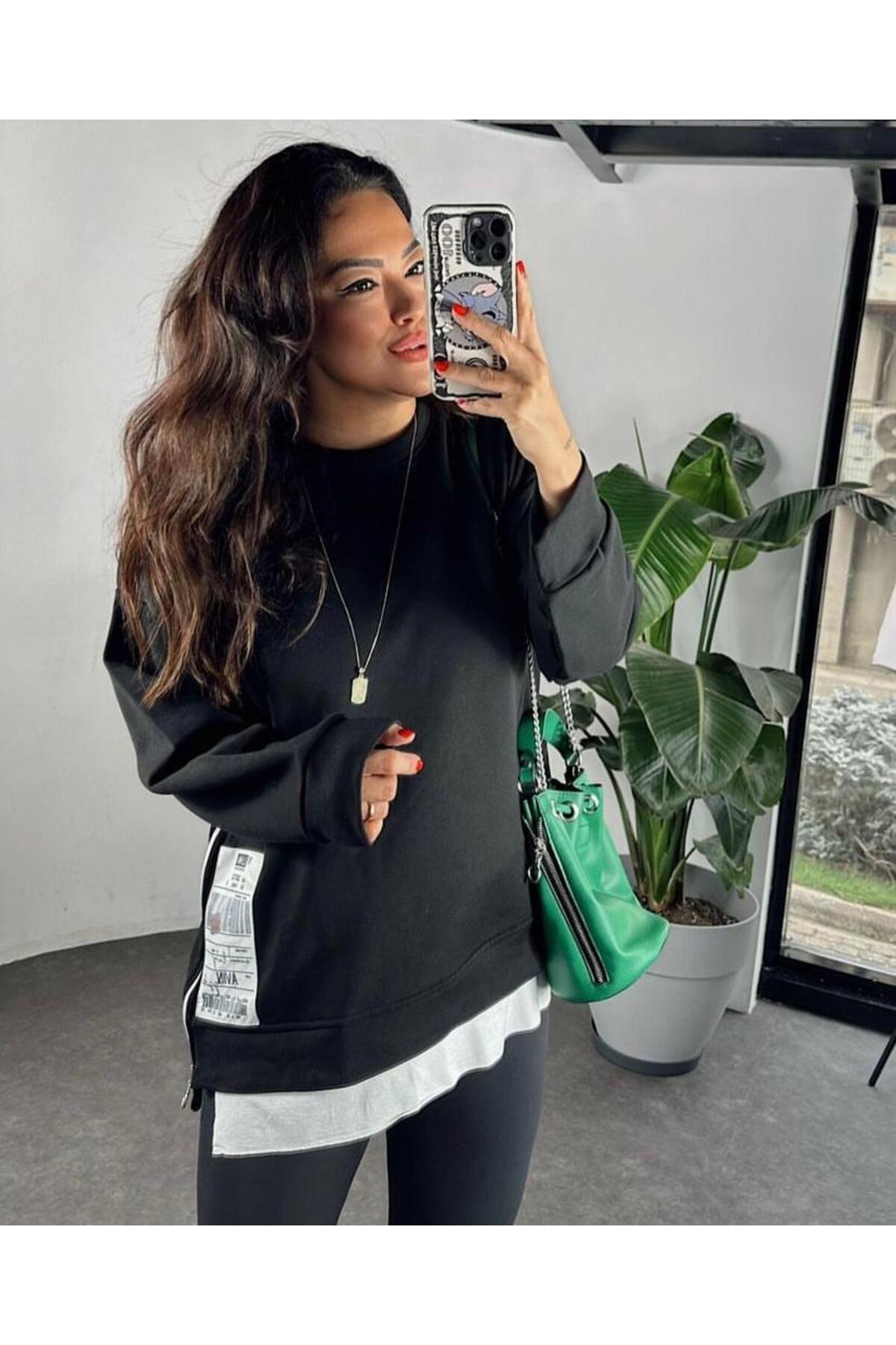 Yanları Fermuar Detay Oversize Tasarım Kadın Sweat Shırt Siyah