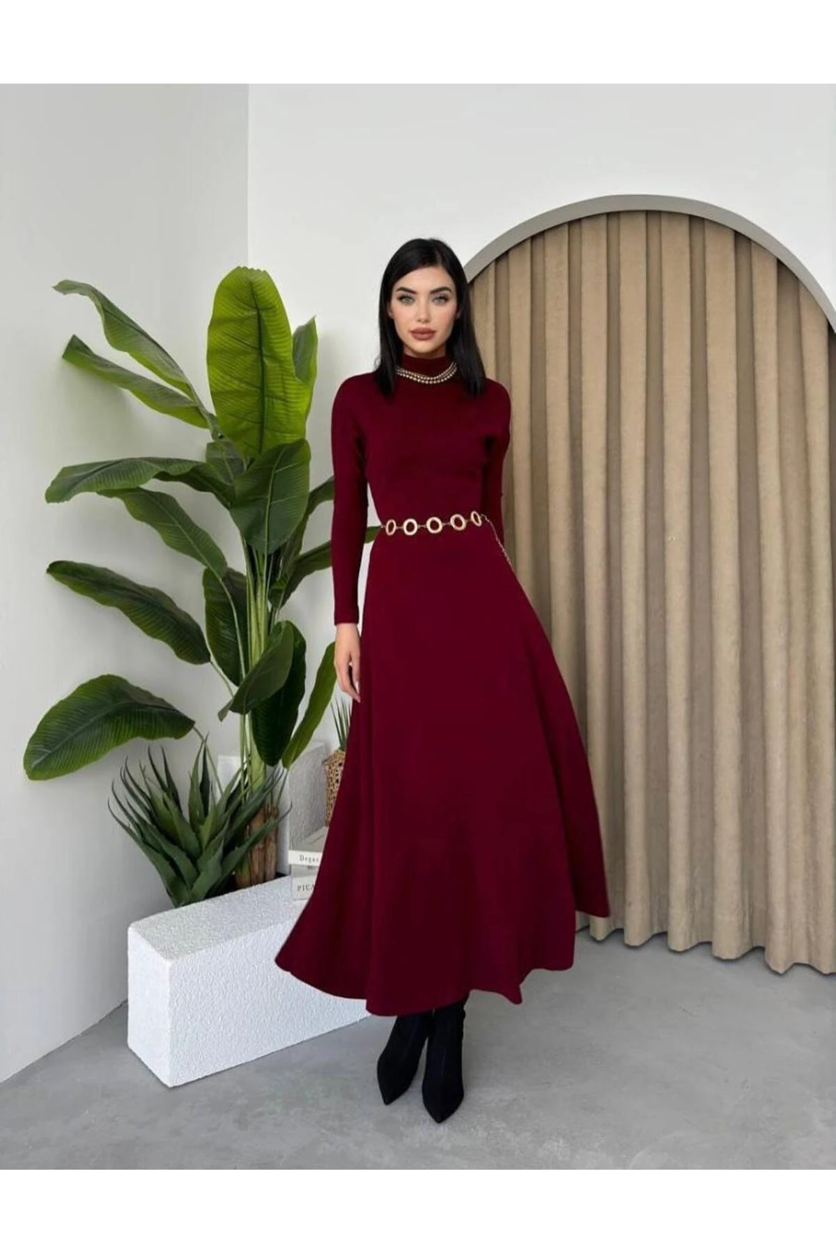 Yarım Balıkcı Yaka Triko Elbise Bordo