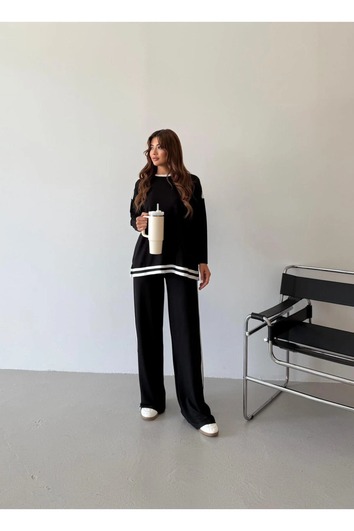 Şeritli Modal Takım Siyah