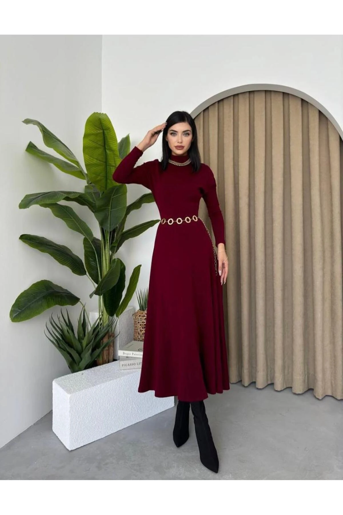 Yarım Balıkcı Yaka Triko Elbise Bordo