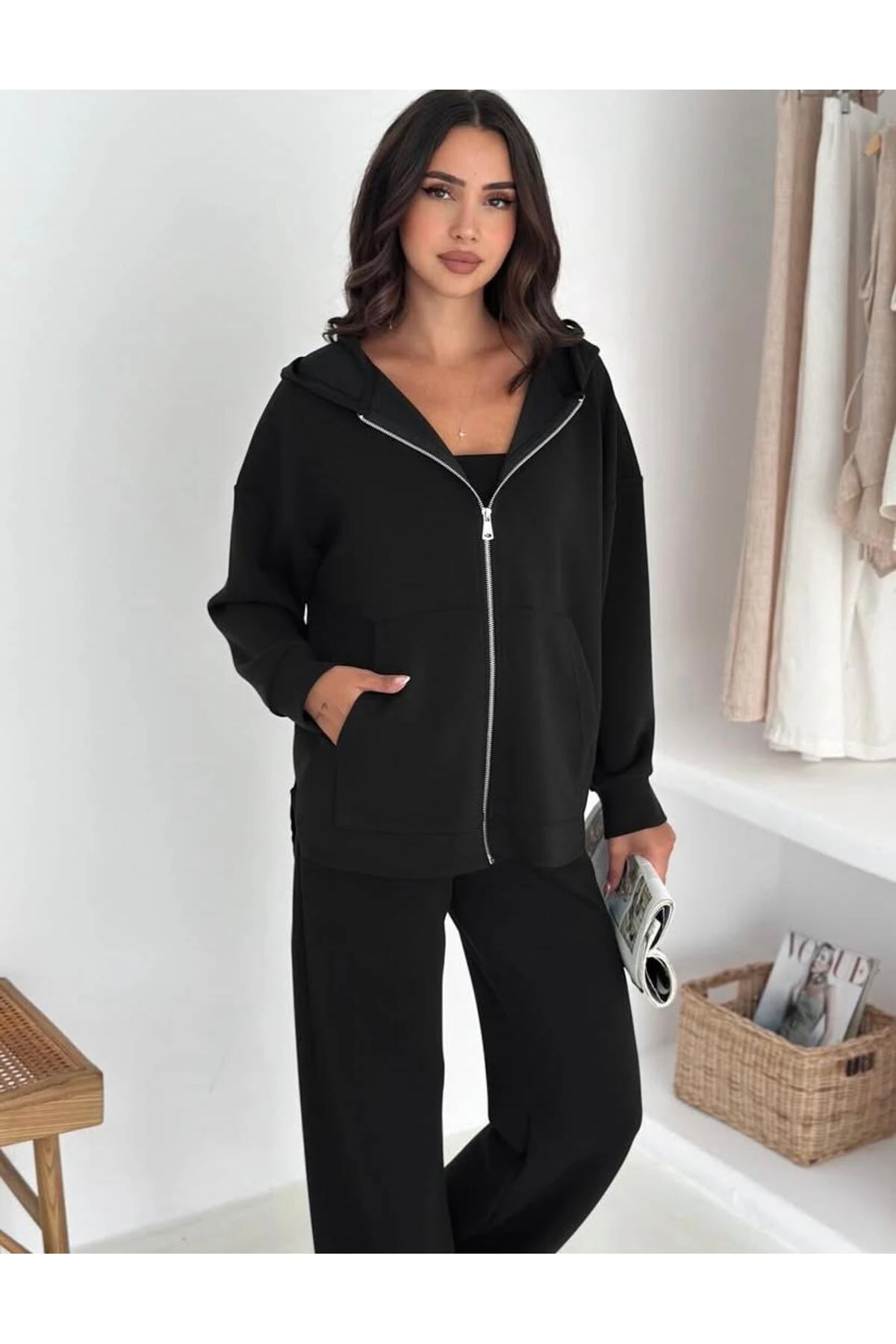 Siyah Modal Kapşunlu Fermuarlı Swet Pantolon Takım