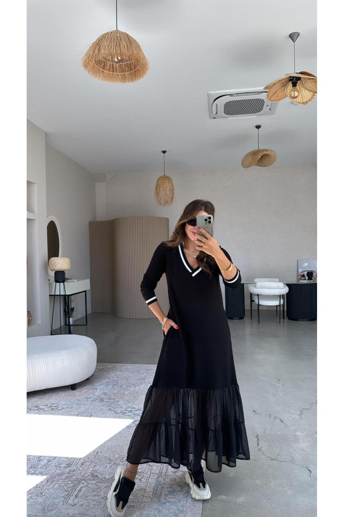 Siyah V Yaka Ribana Detaylı Eteği Şifon Elbise