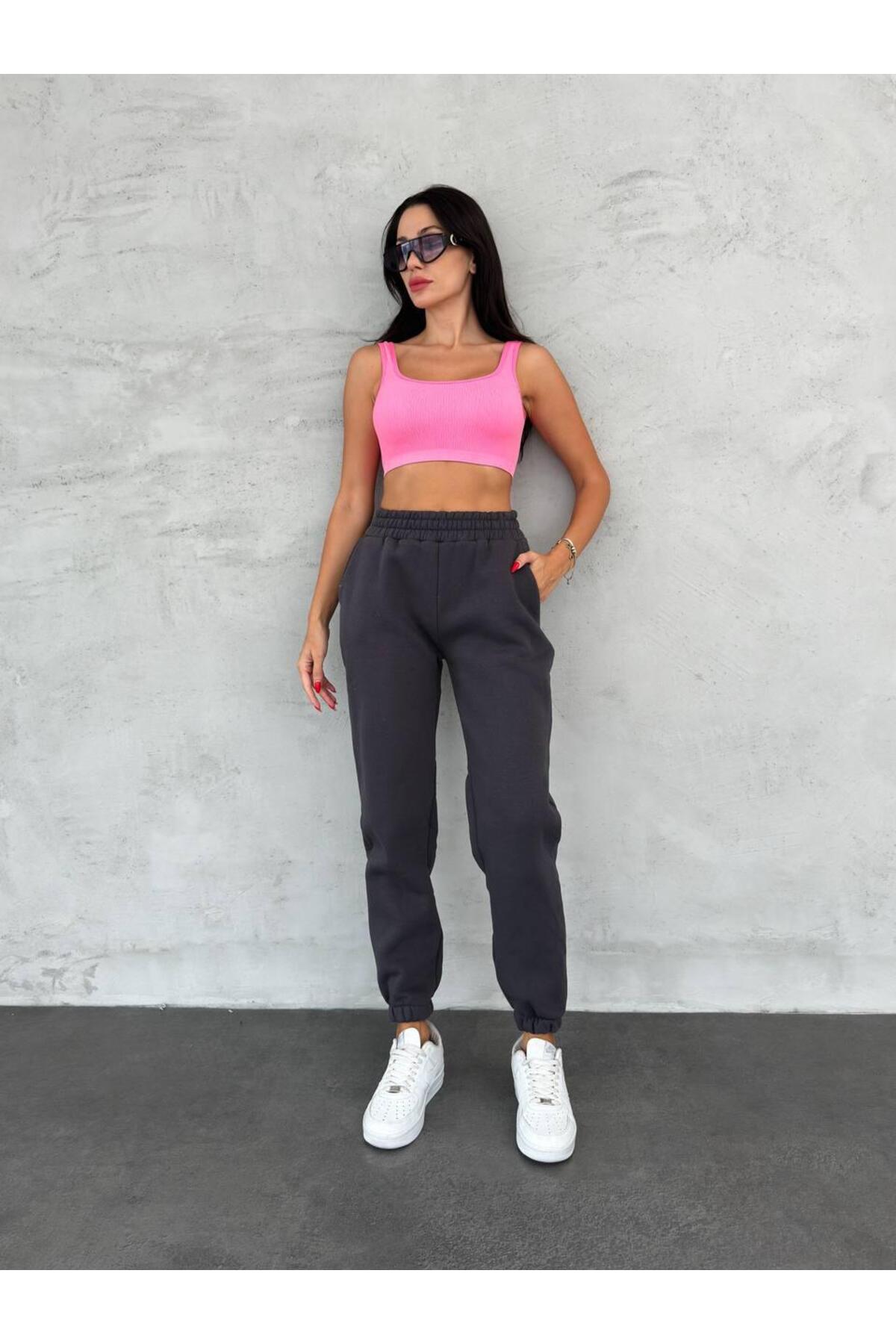 Kadın Kalın İçi Polarlı Yüksek Bel Paçası Lastikli Eşofman Altı Antrasit