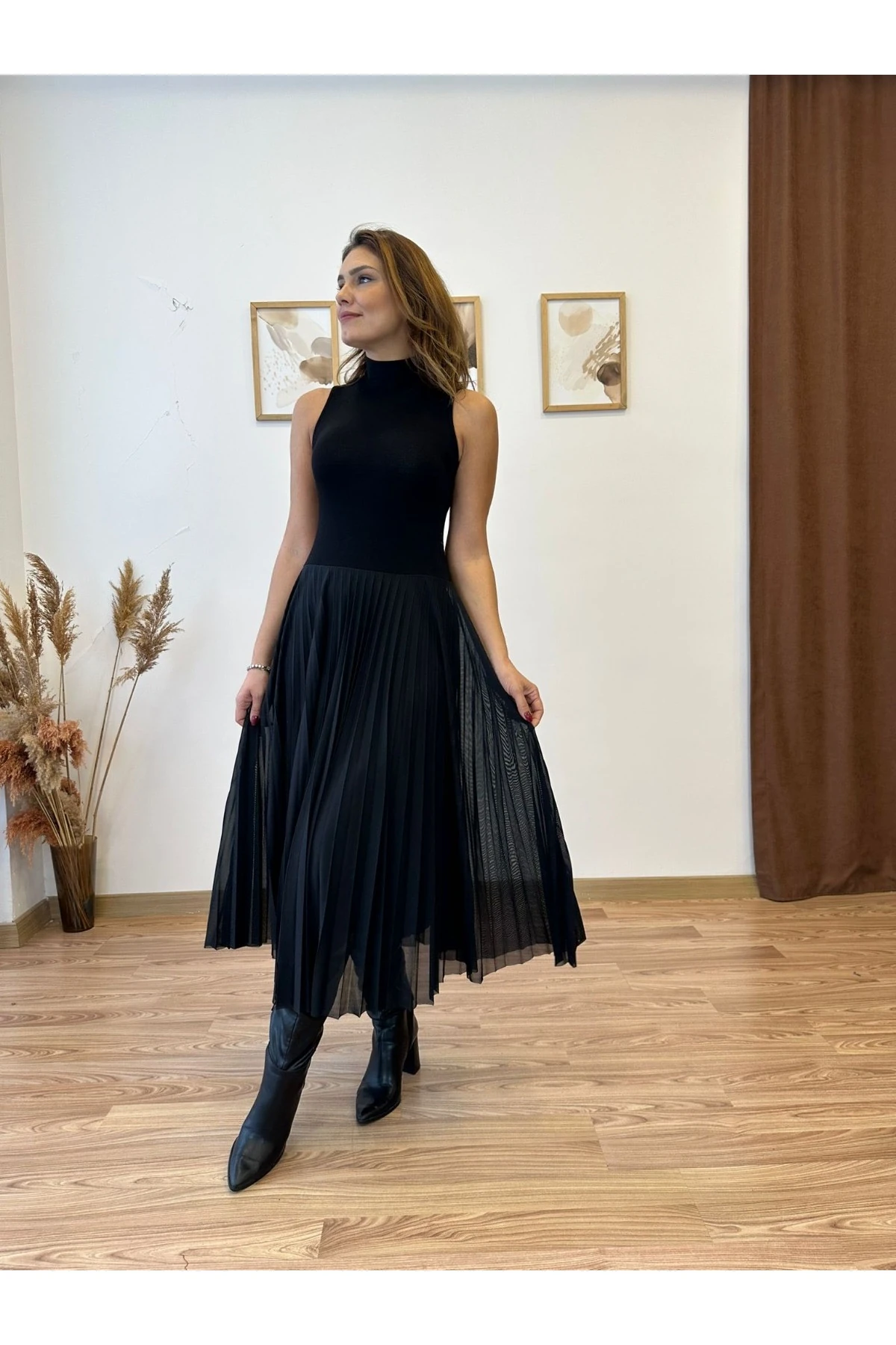 Siyah Balıkçı Yaka piliseli bluzlu elbise