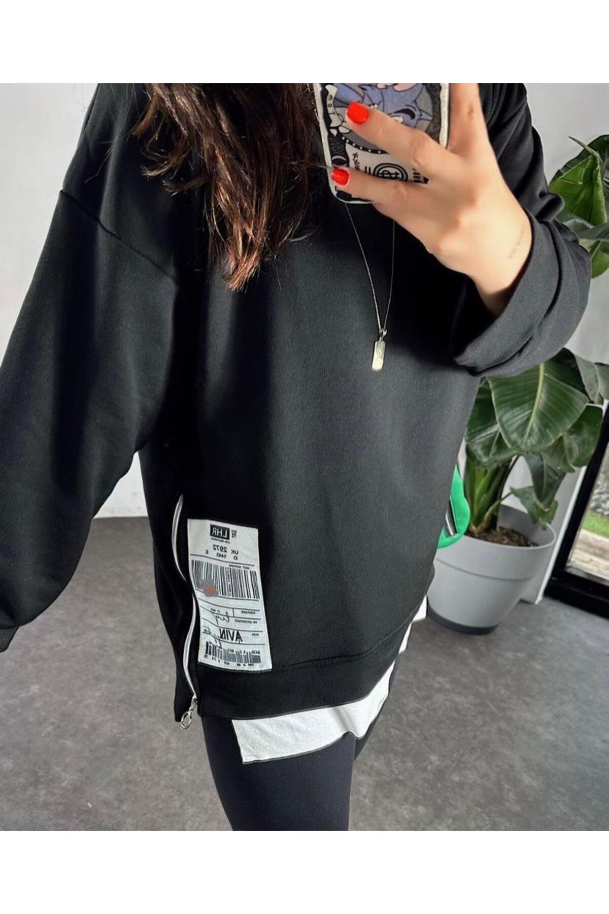 Yanları Fermuar Detay Oversize Tasarım Kadın Sweat Shırt Siyah