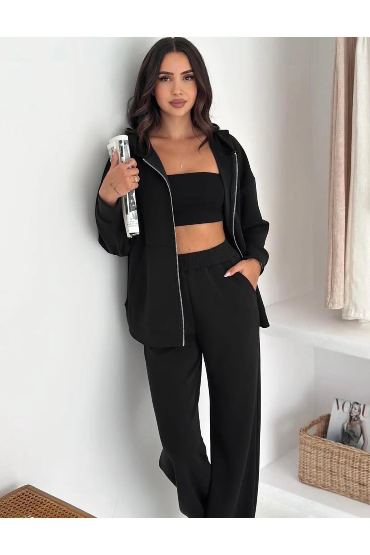 Siyah Modal Kapşunlu Fermuarlı Swet Pantolon Takım