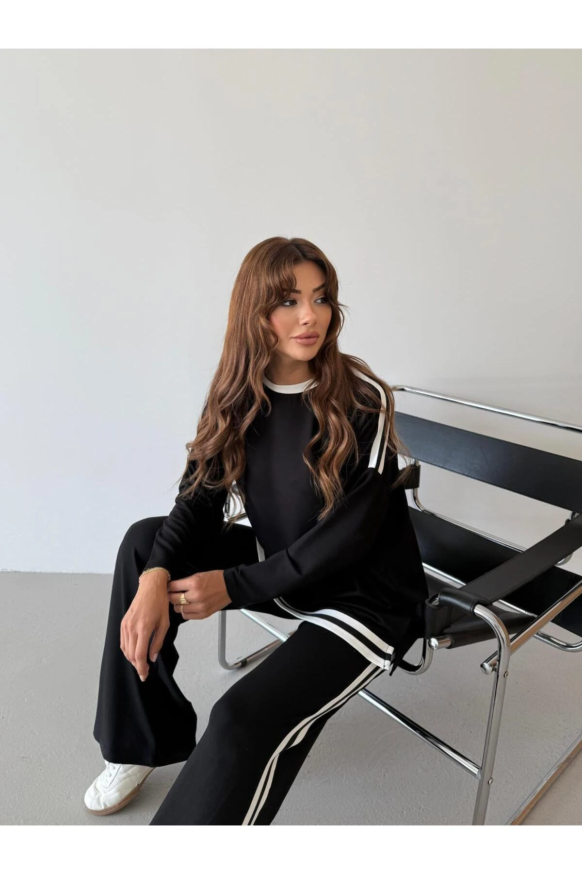 Şeritli Modal Takım Siyah