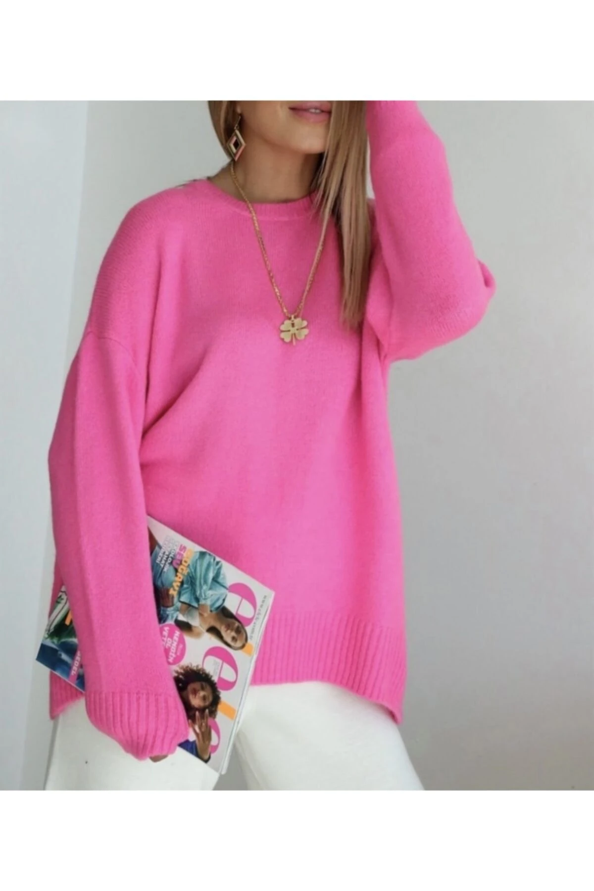 Fuşya Oversize Şalaş Triko Kazak