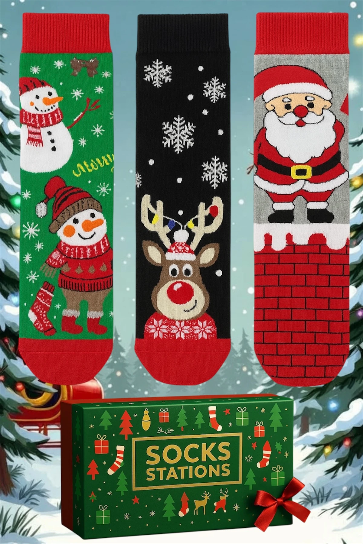 Yılbaşı Temalı Çorabı - Yılbaşı Çorapları & Yılbaşı Çorap Yeni Yıl- Neşeli Çoraplar 3'lü Yılbaşı Çorabı