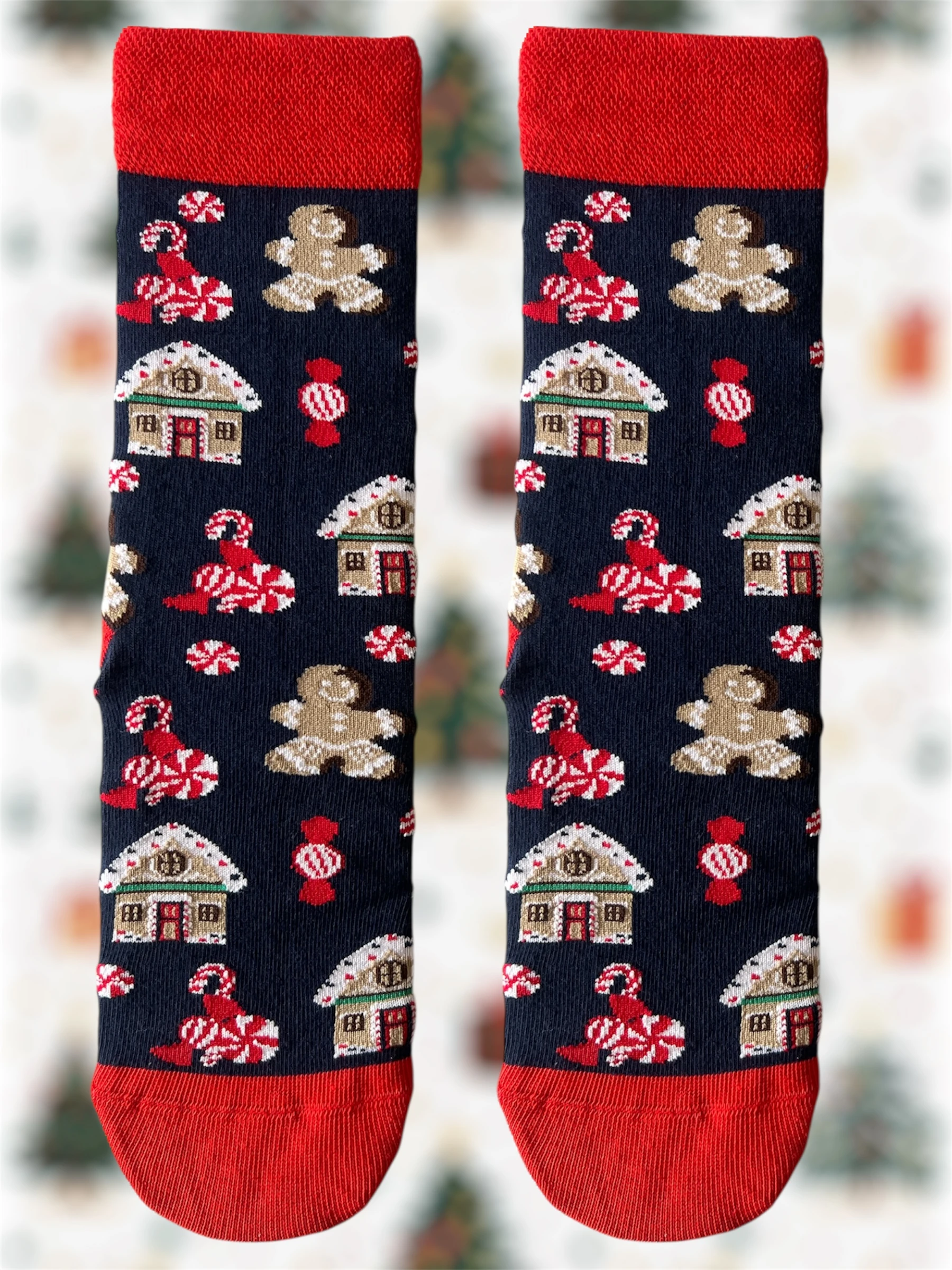 Yılbaşı Şekeri ve Zencefil Adam Desenli Lacivert Renkli Çorap