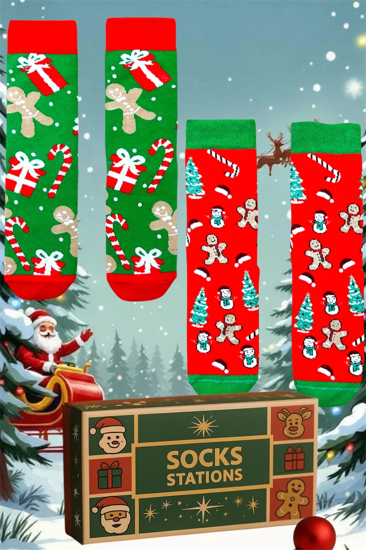Xmas Socks Geyik Şekilli Renkli Yılbaşı Çorap Kutusu 2’li Havlu