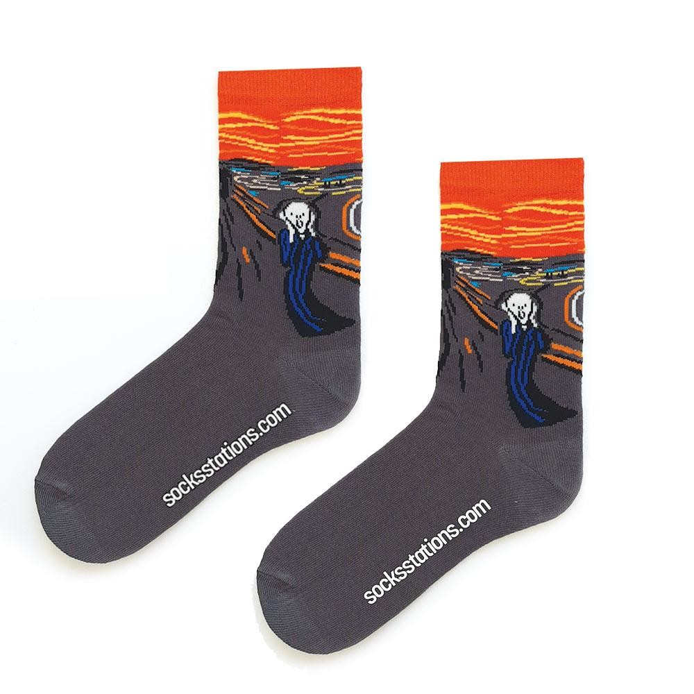 Resimli Çığlık Tablosu Desenli Gri Turuncu Renkli Soket Çorap - Ünlü Tablo - Sanat