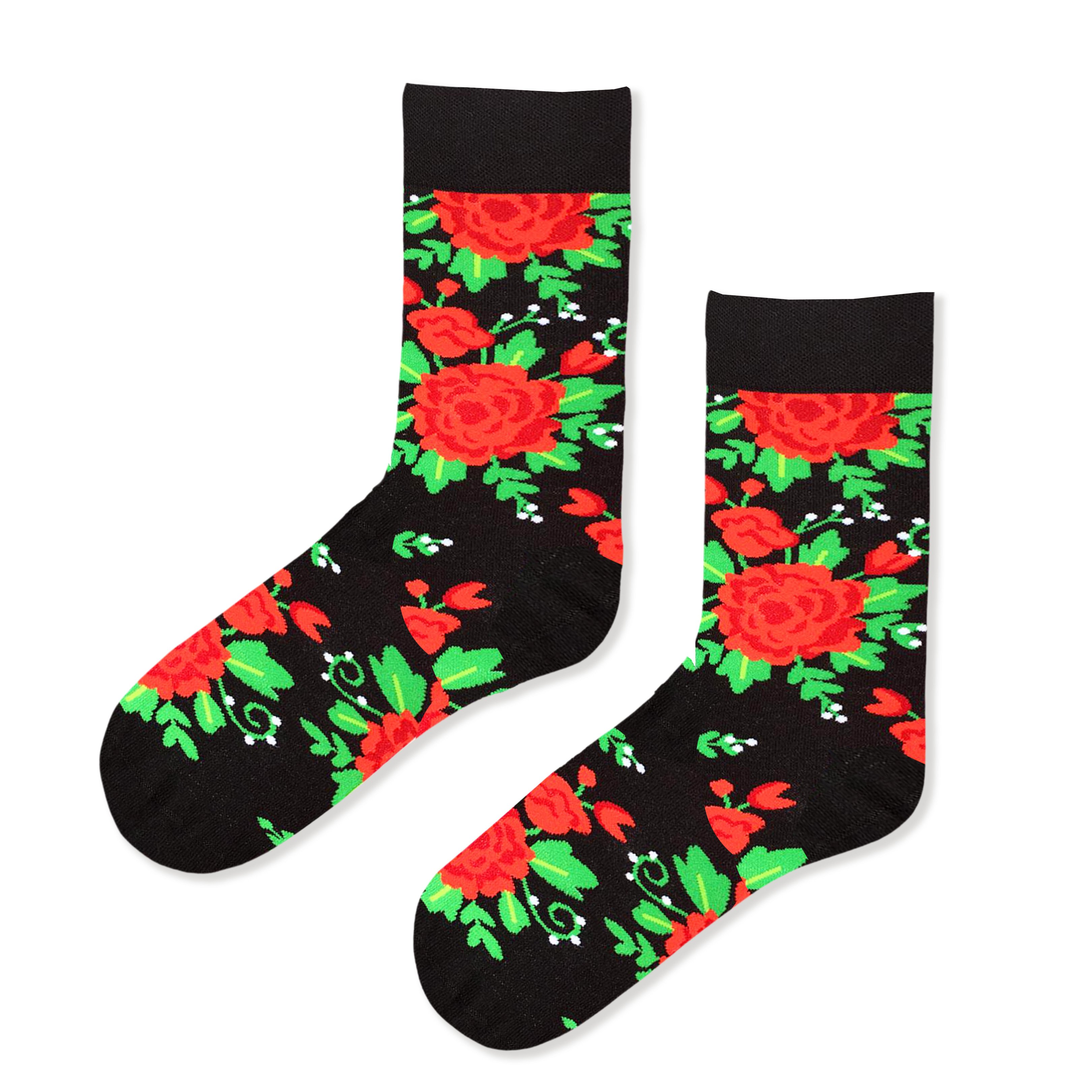 Siyah Kırmızı Çiçek Şekilli Siyah Desenli Çorap Renkli Çoraplar