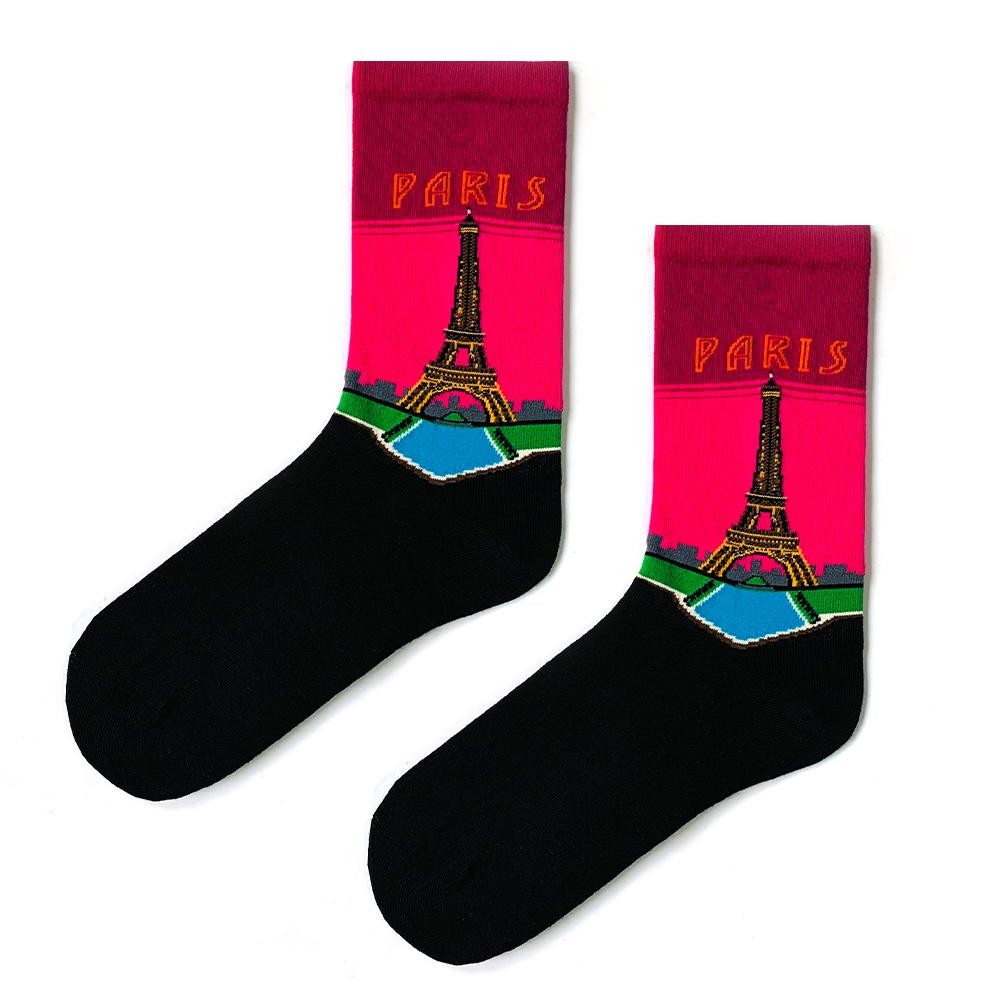 Renkli Siyah Paris Yazılı Desenli Çorap Pembe Neşeli Çoraplar