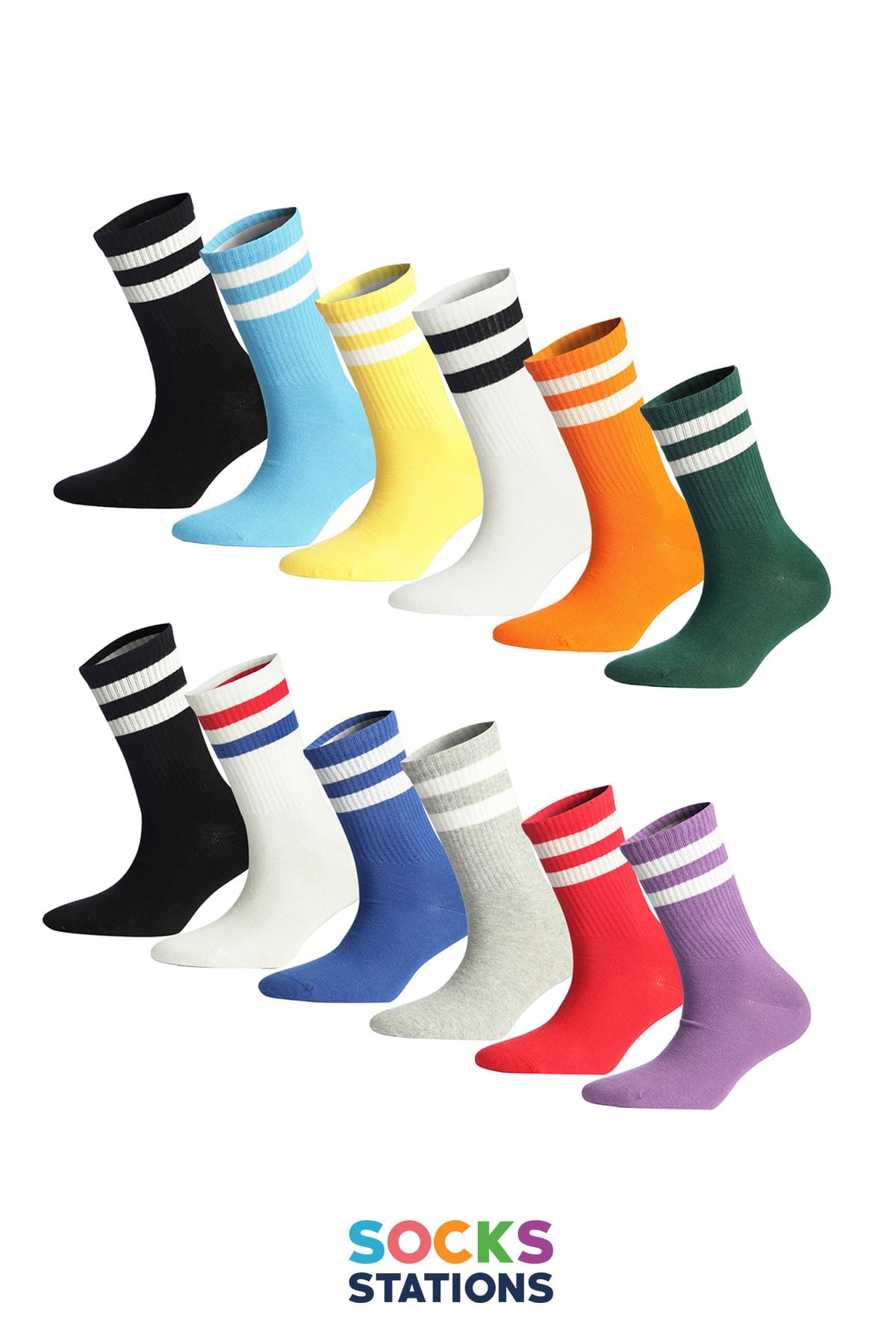 12'li Renkli Desenli Çift Çizgi Spor Çorap Kutusu