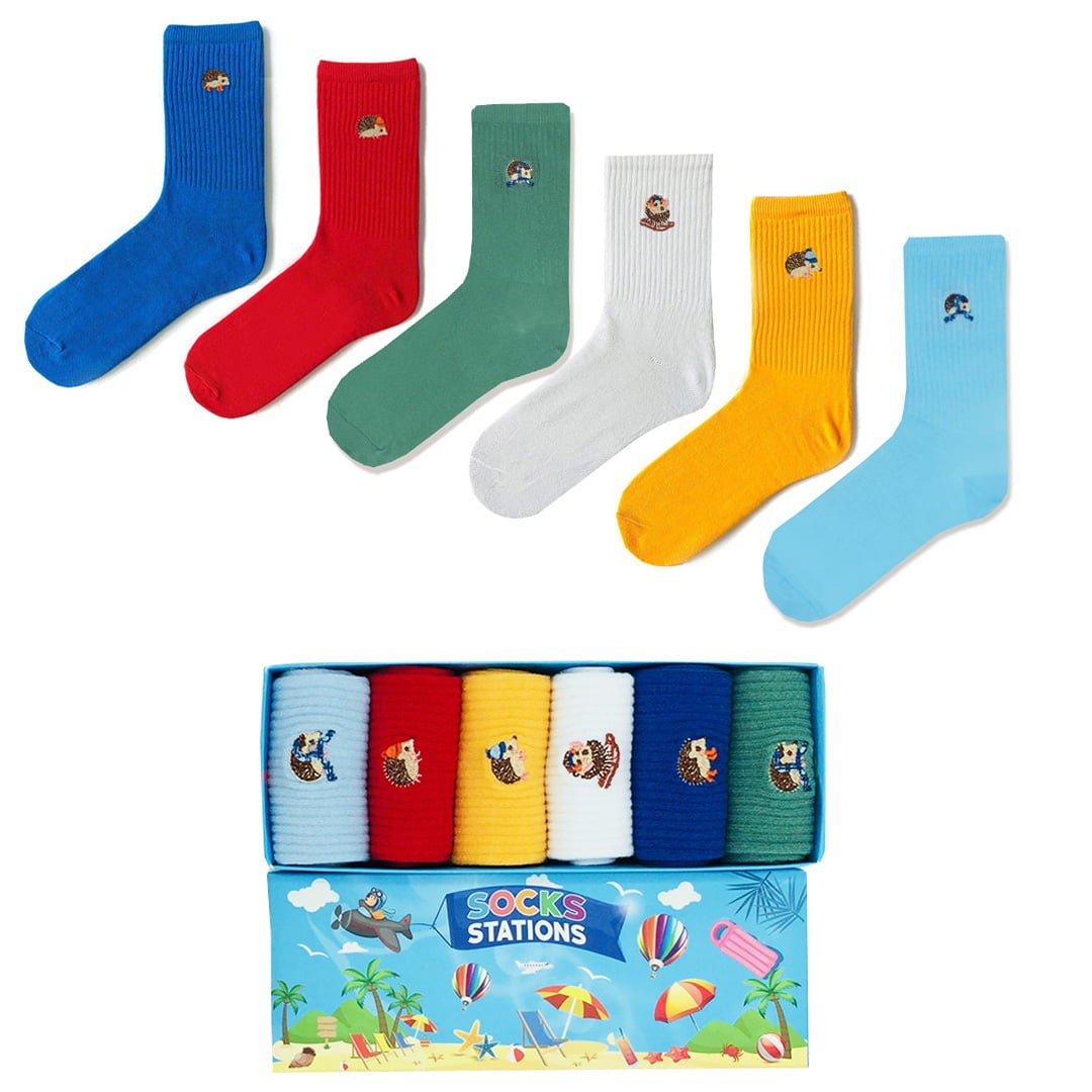 Neşeli Kirpi Desenli Nakışlı Soket Renkli Çorap Kutusu 6'lı