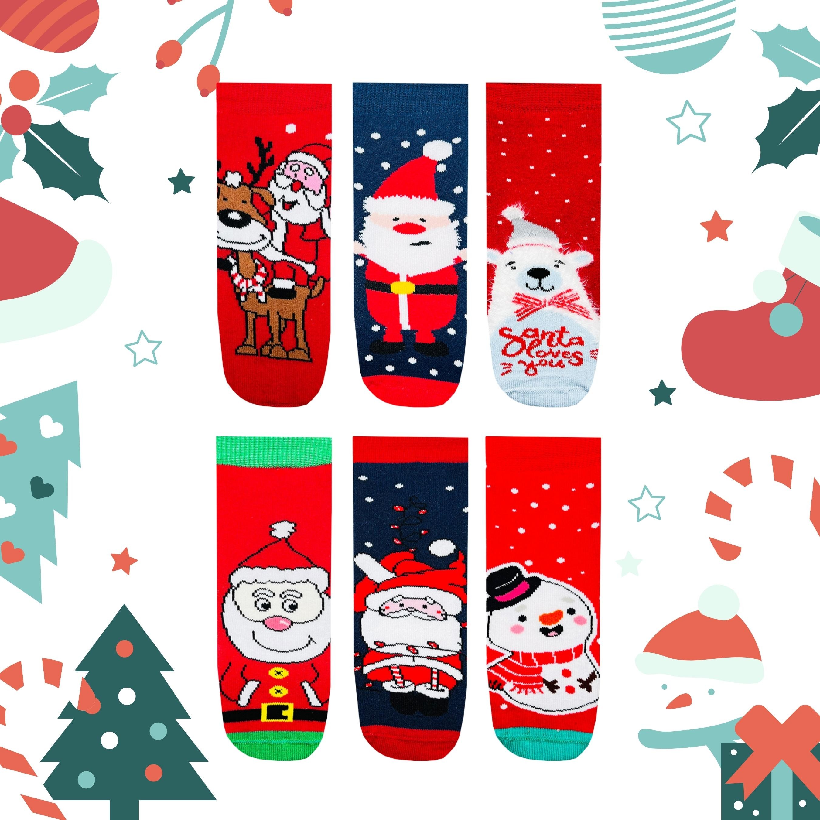 Noel Desenli Christmas Temalı Havlu Çocuk Yılbaşı Çorabı 6'lı