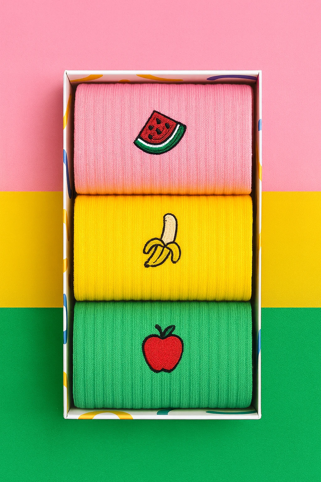 3'lü Nakışlı Meyve Desenli Renkli Çorap Kutusu