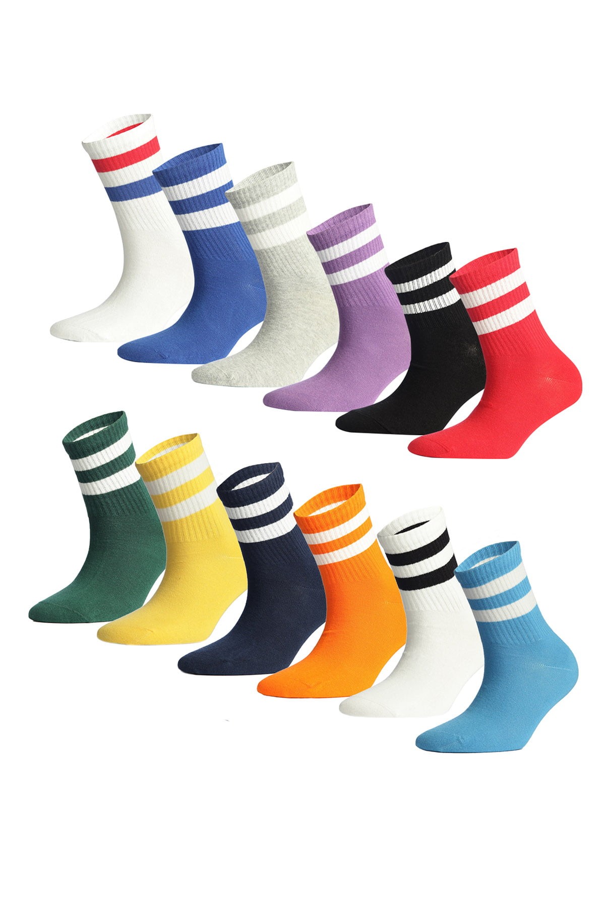 12'li Tenis Çift Çizgi Renkli Desenli Spor Çorap Kutusu Neşeli Çoraplar