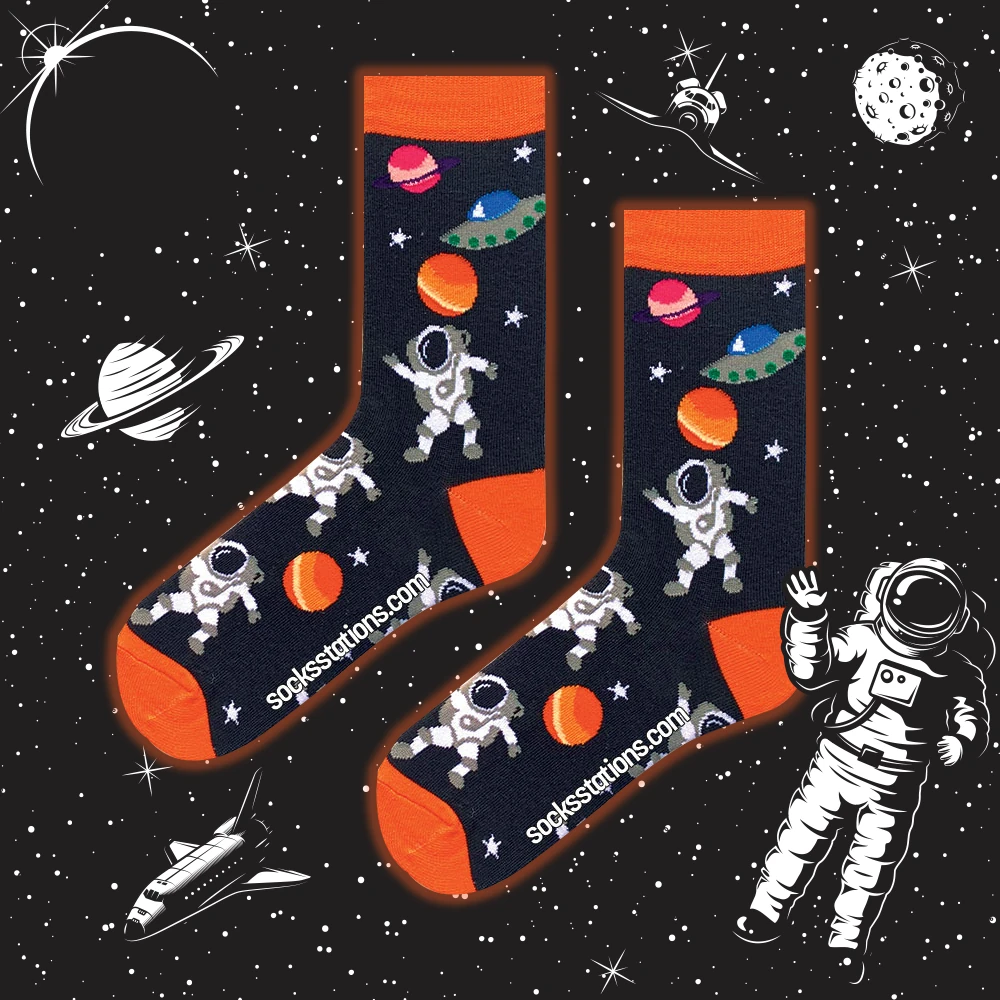 Astronot Desenli Turuncu Renkli Pamuklu Neşeli Çorap