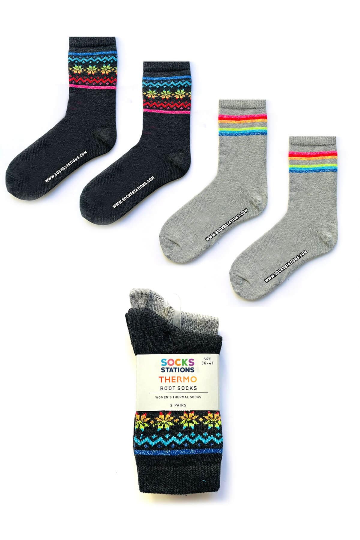 Kışlık Yün Çorap - Şekilli Çizgili Gri Renkli Desenli Yün Çorap Seti 2'li Yılbaşı Çorapları