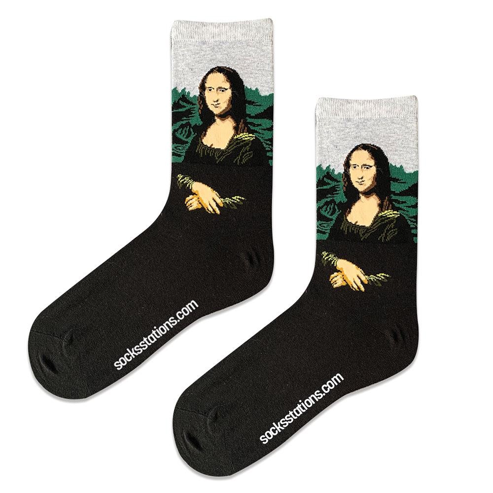 Mona Lisa Gri Sanat Tablo - Sanat Resimli Desenli Soket Renkli Çorap