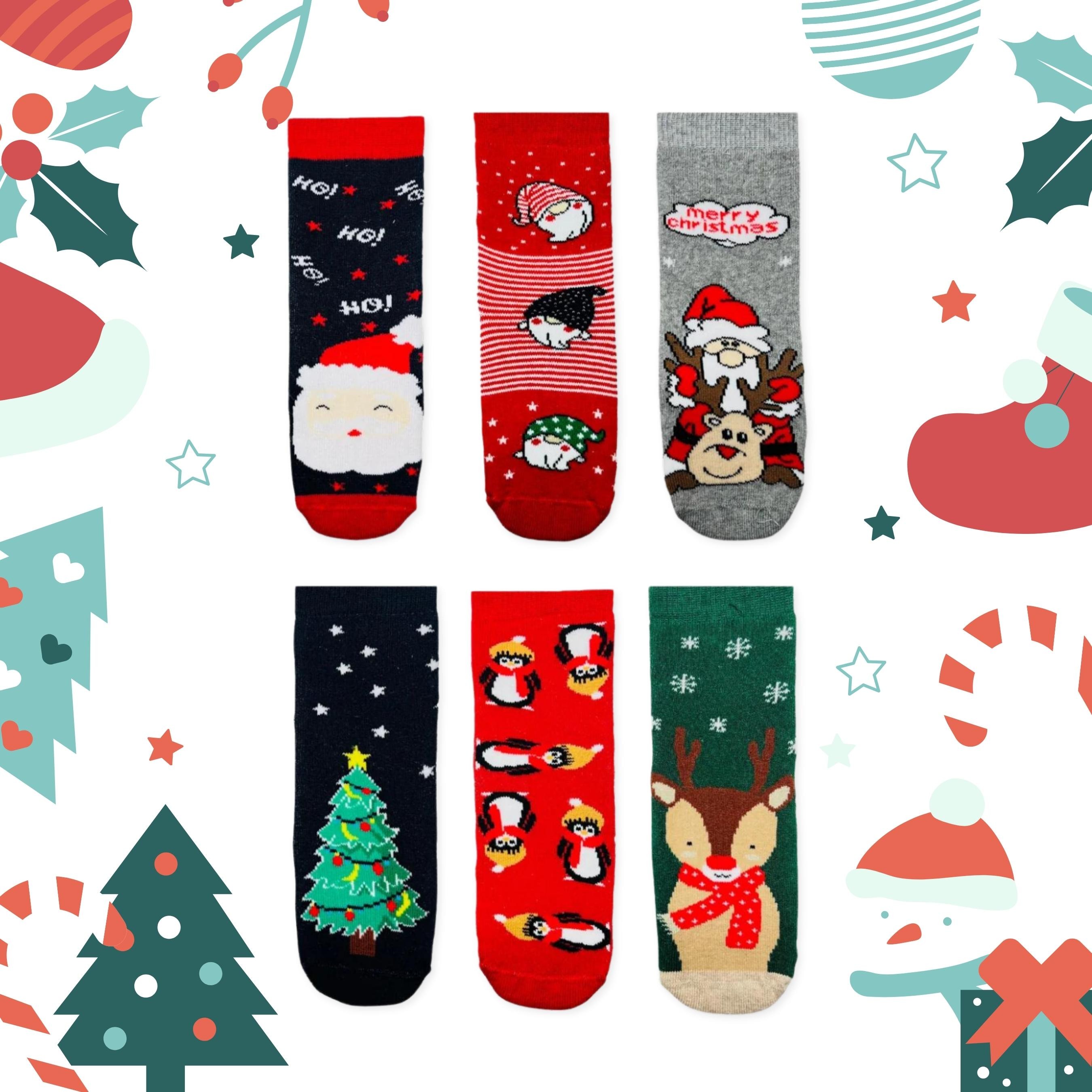 Noel Desenli Christmas Şekilli Temalı Havlu Çocuk Yılbaşı Çorabı 6'lı