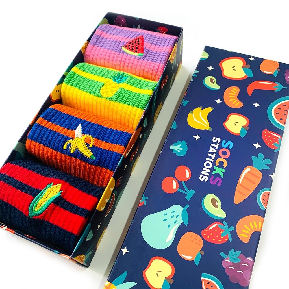 Renkli Çorap Ananas Meyveli Çorap Nakışlı Çizgili Soket Neşeli Çoraplar Kutusu 4'lü