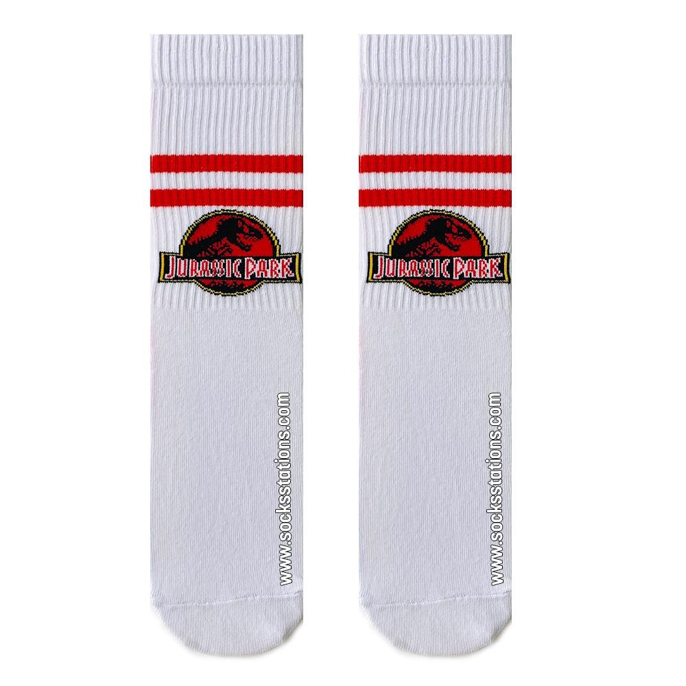 Çizgili Beyaz-Kırmızı Renkli Jurassic Park Desenli Uzun Spor Soket Çorap