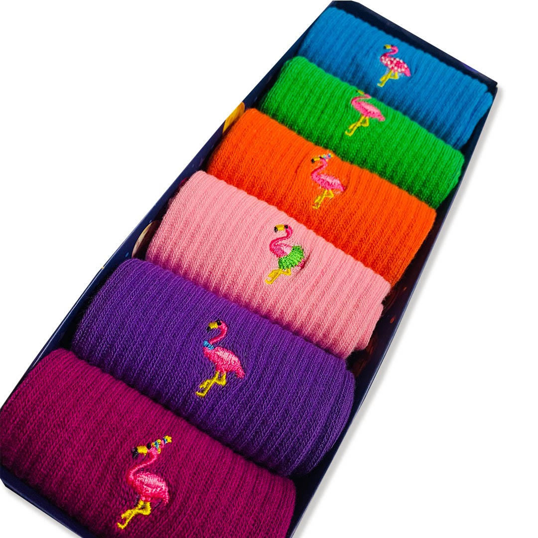 Flamingo Nakışlı Renkli Soket Desenli Çorap Kutusu 6'lı Neşeli Çoraplar