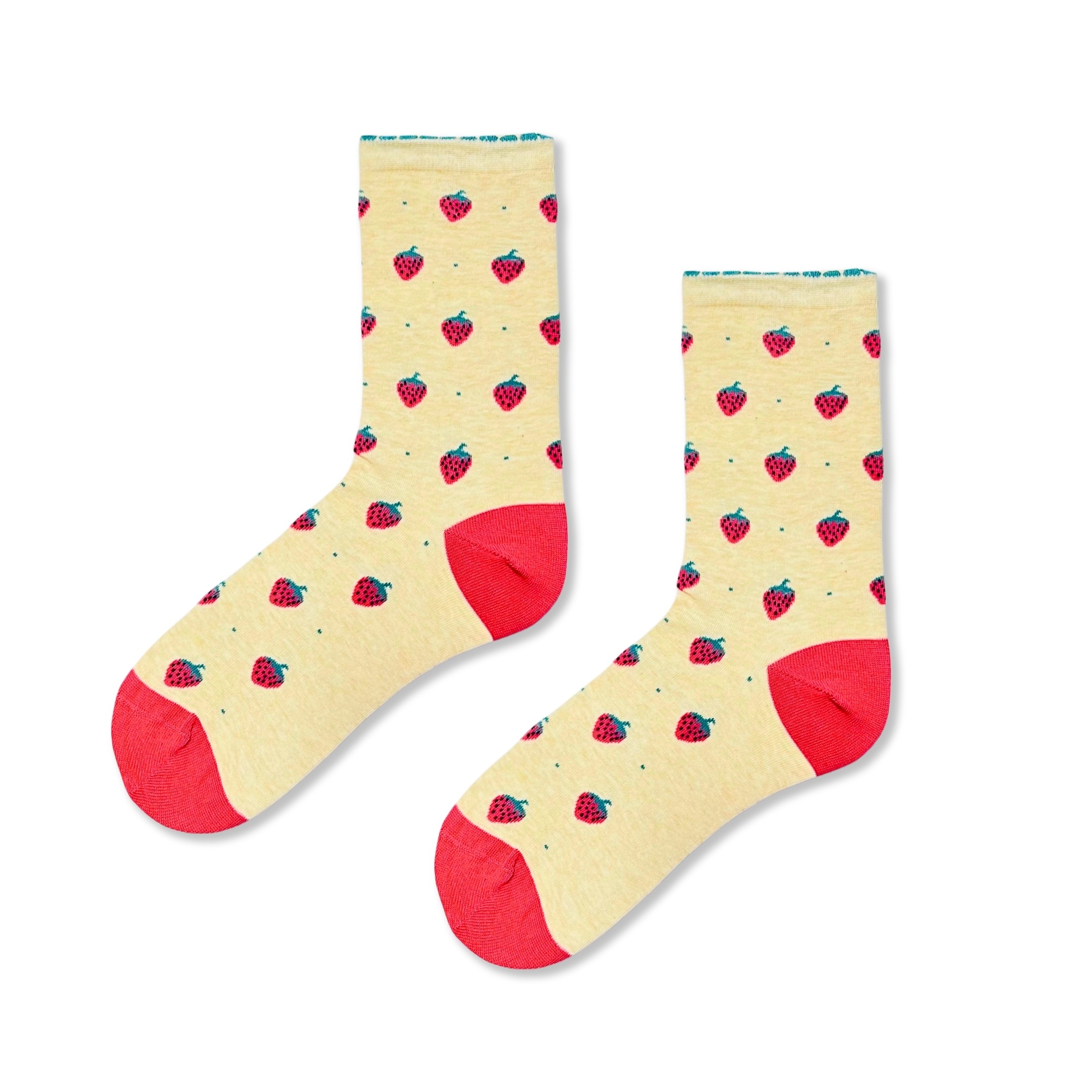 Çilek Desenli Şekilli Krem Renkli Pamuklu Soket Çorap