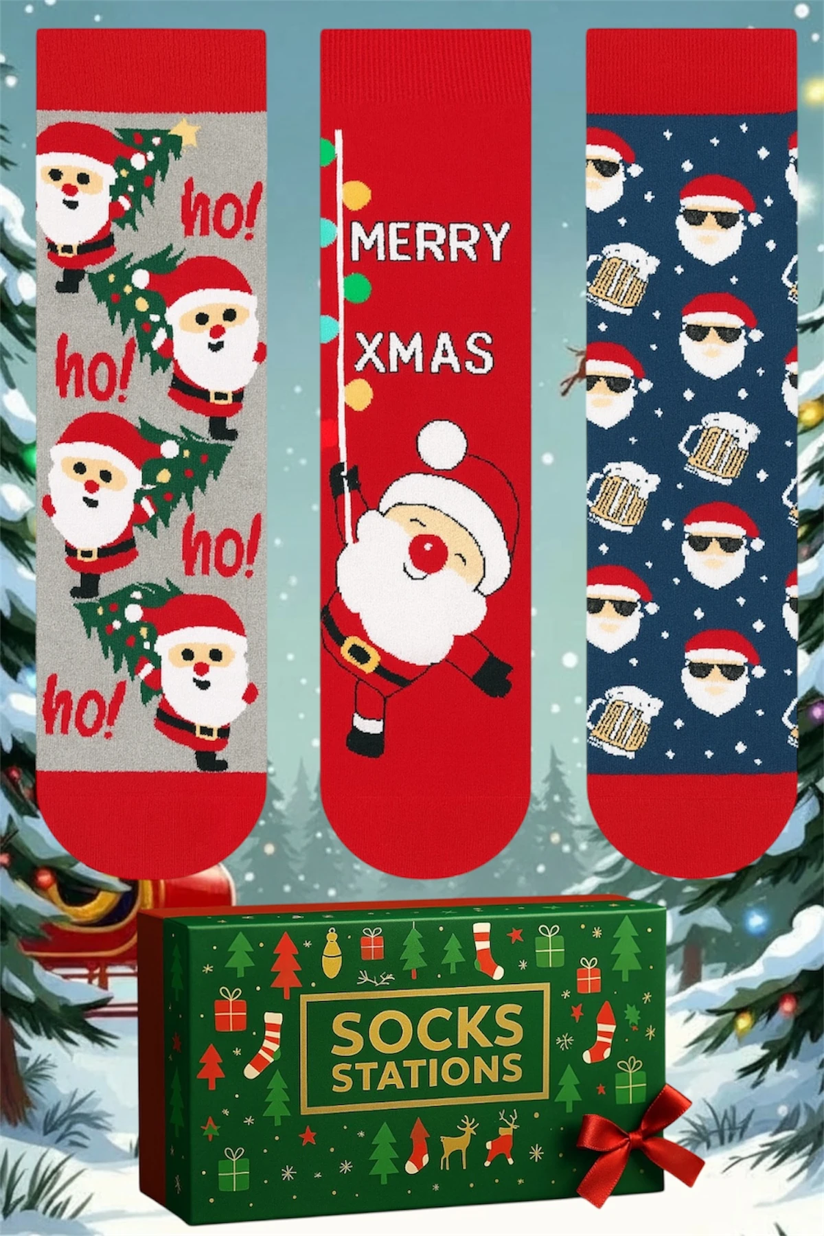 Noel Baba Desenli Yılbaşı Siyah Renkli Temalı Çorabı – Yılbaşı Çorapları & Yılbaşı Çorap Kutusu